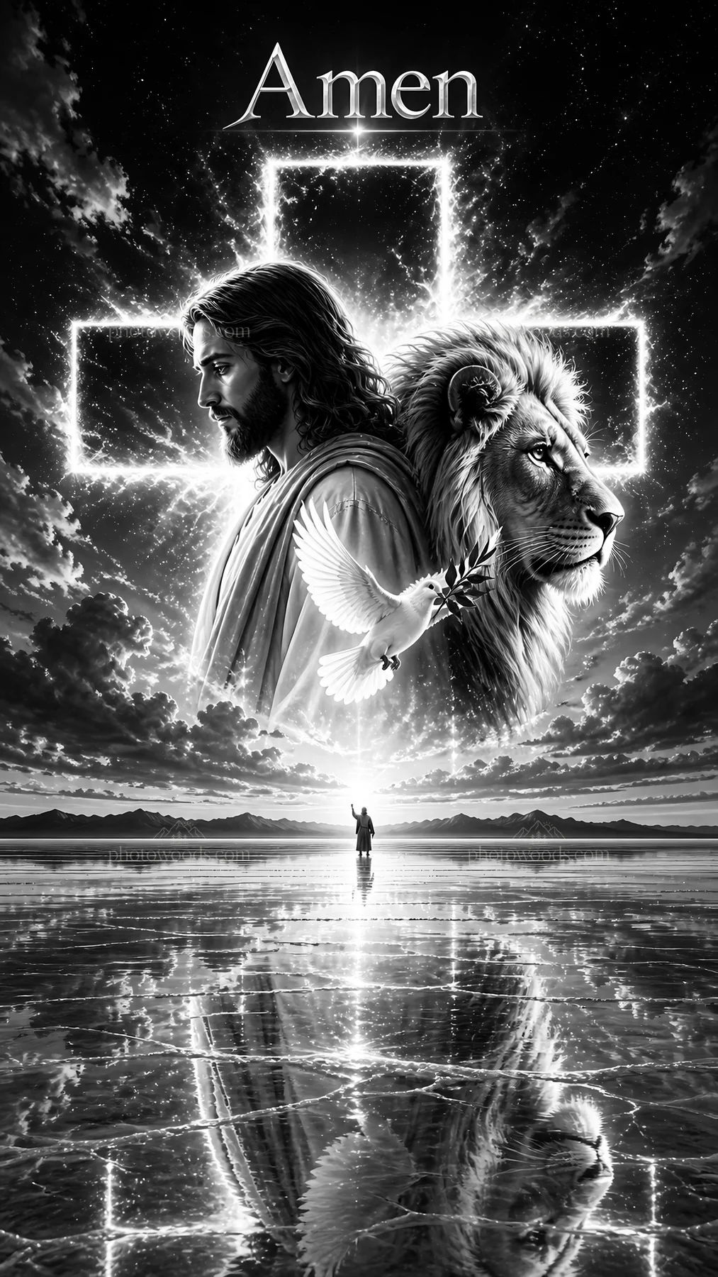Jesus Christ with lion and dove in radiant scene - AI-generated stock image