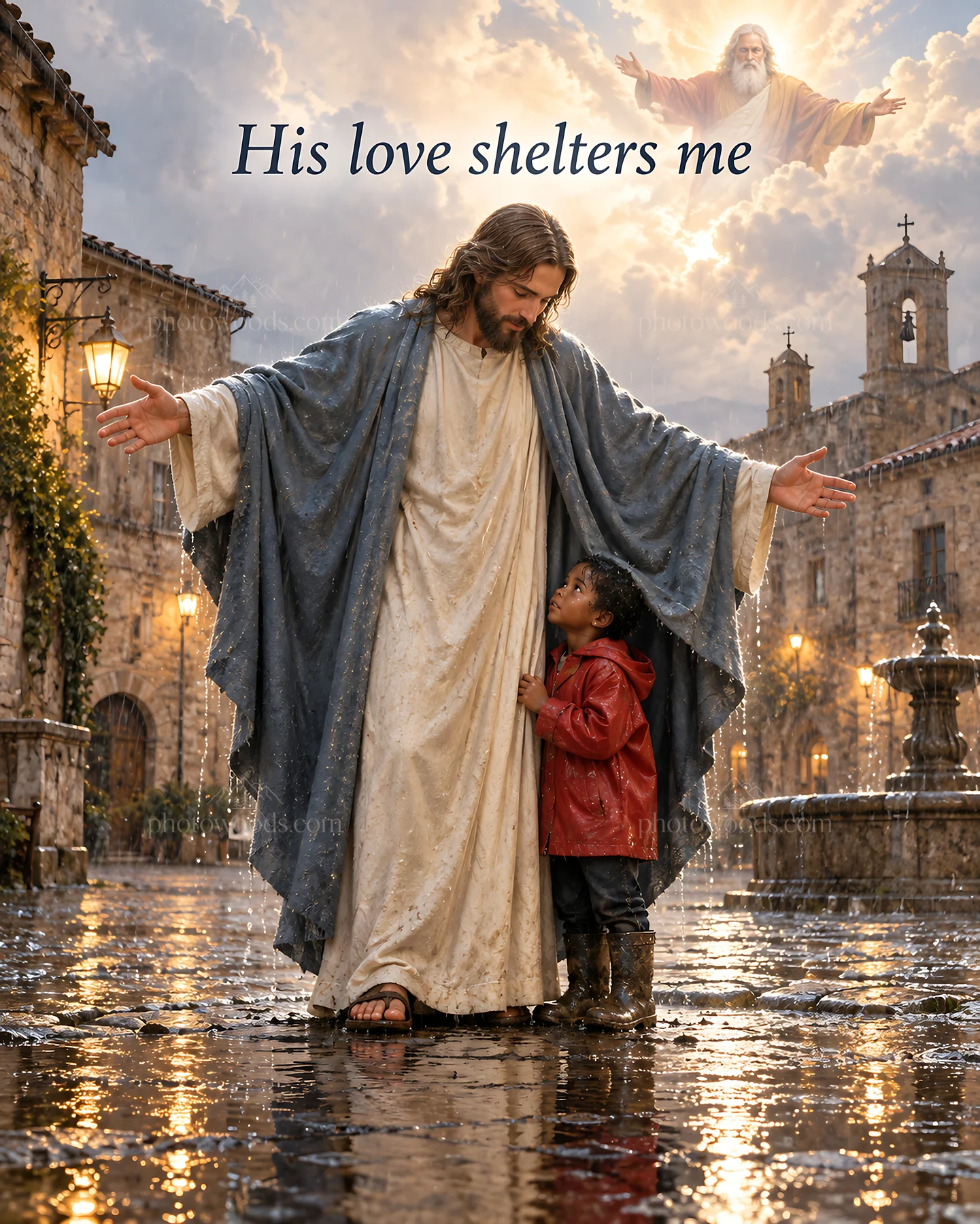 Jesus Christ comforting a child in the rain - AI-generated stock image