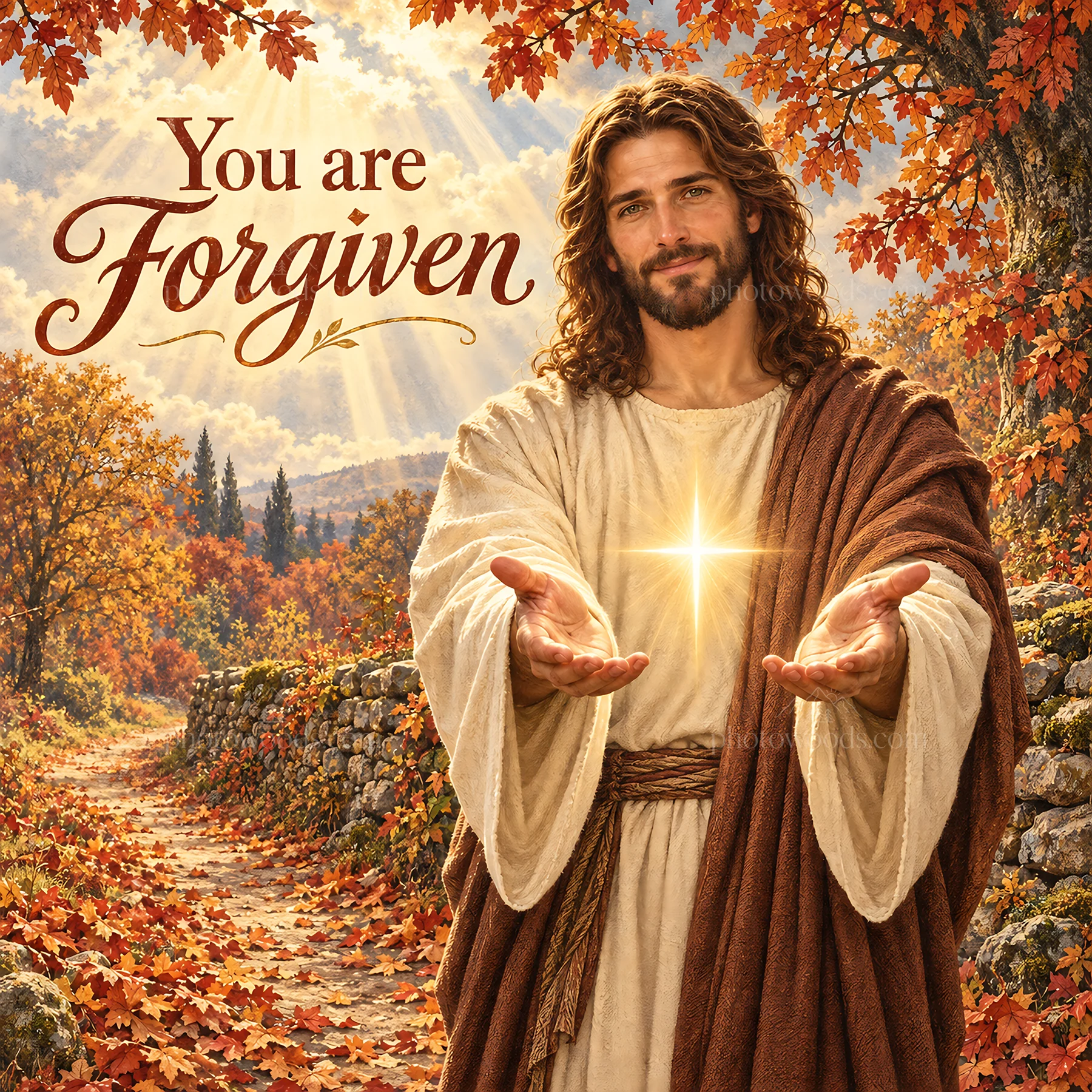 Jesus Christ welcoming with open arms in a fall setting - AI-generated stock image