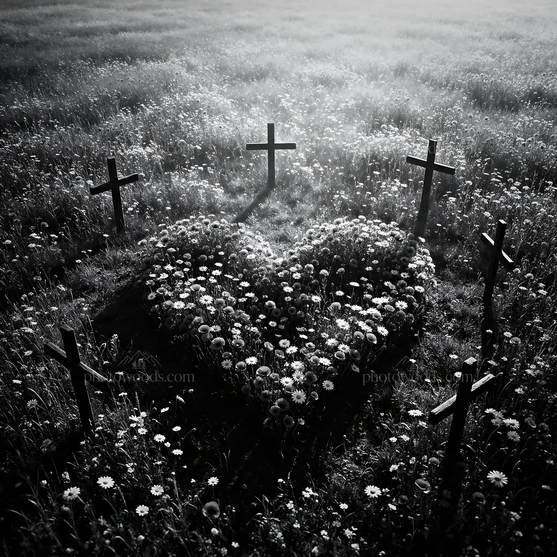 Christian crosses in meadow with light rays shining through - AI-generated stock image