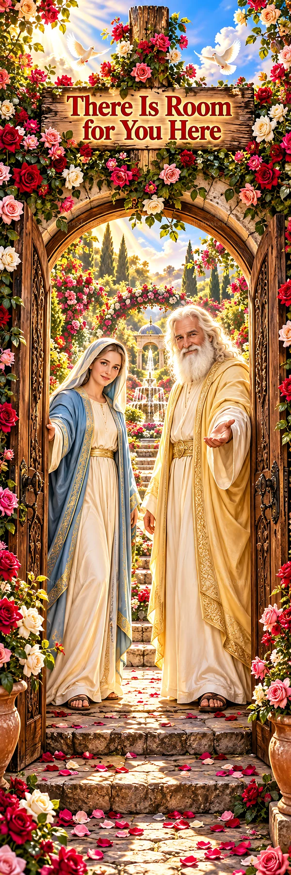Jesus Christ welcoming visitors in a garden of flowers - AI-generated stock image
