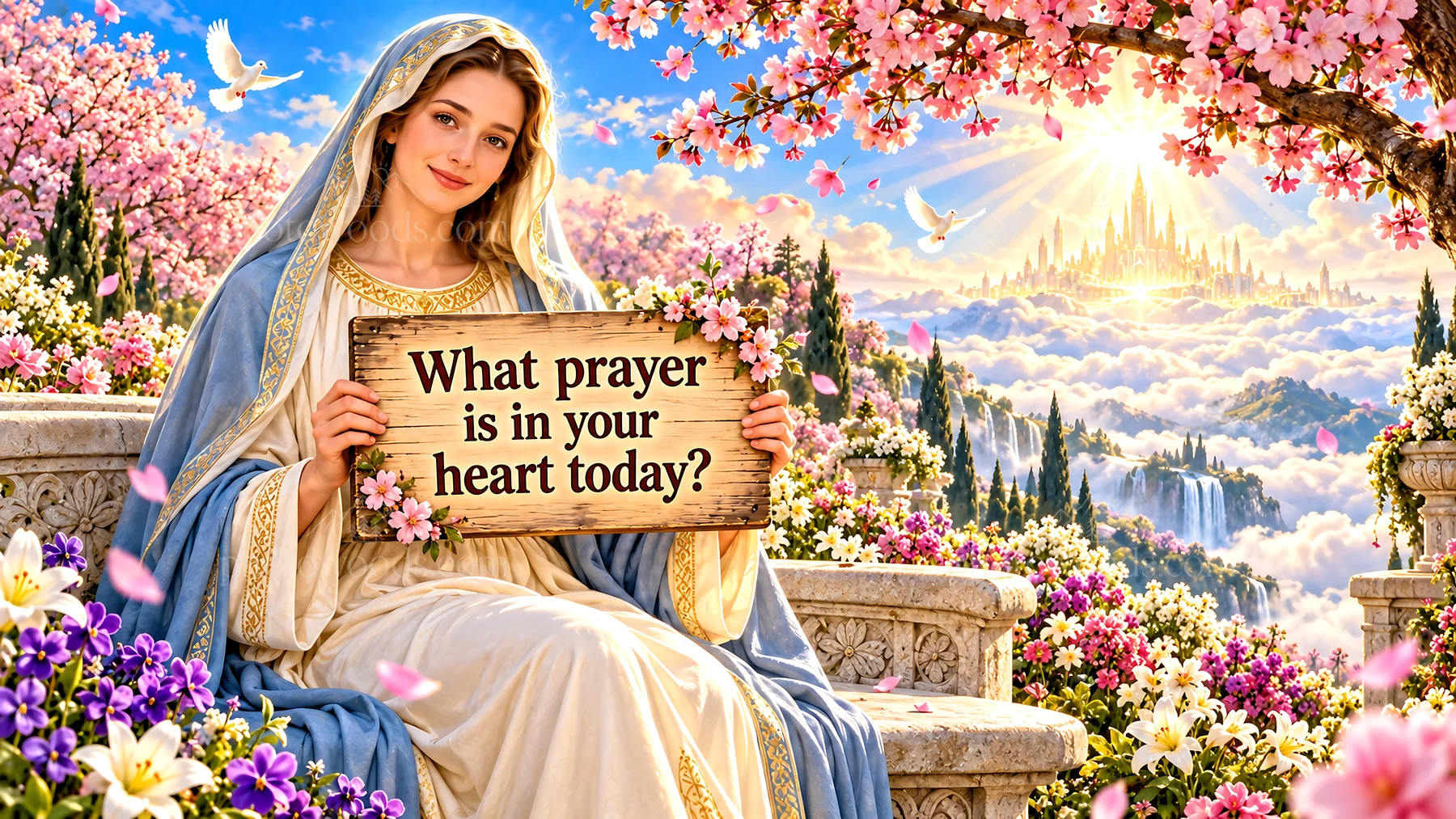 Jesus Christ welcoming with a prayer message in a garden setting - AI-generated stock image