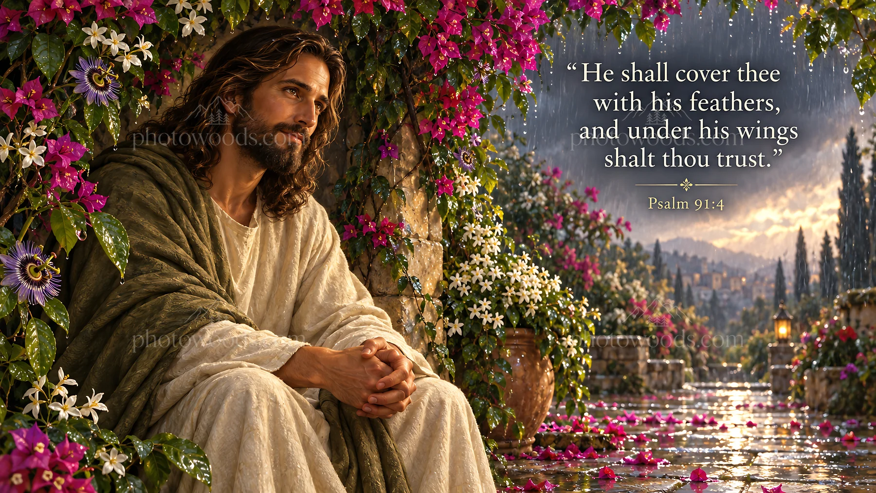 Jesus Christ comforting with flowers and a calming setting - AI-generated stock image