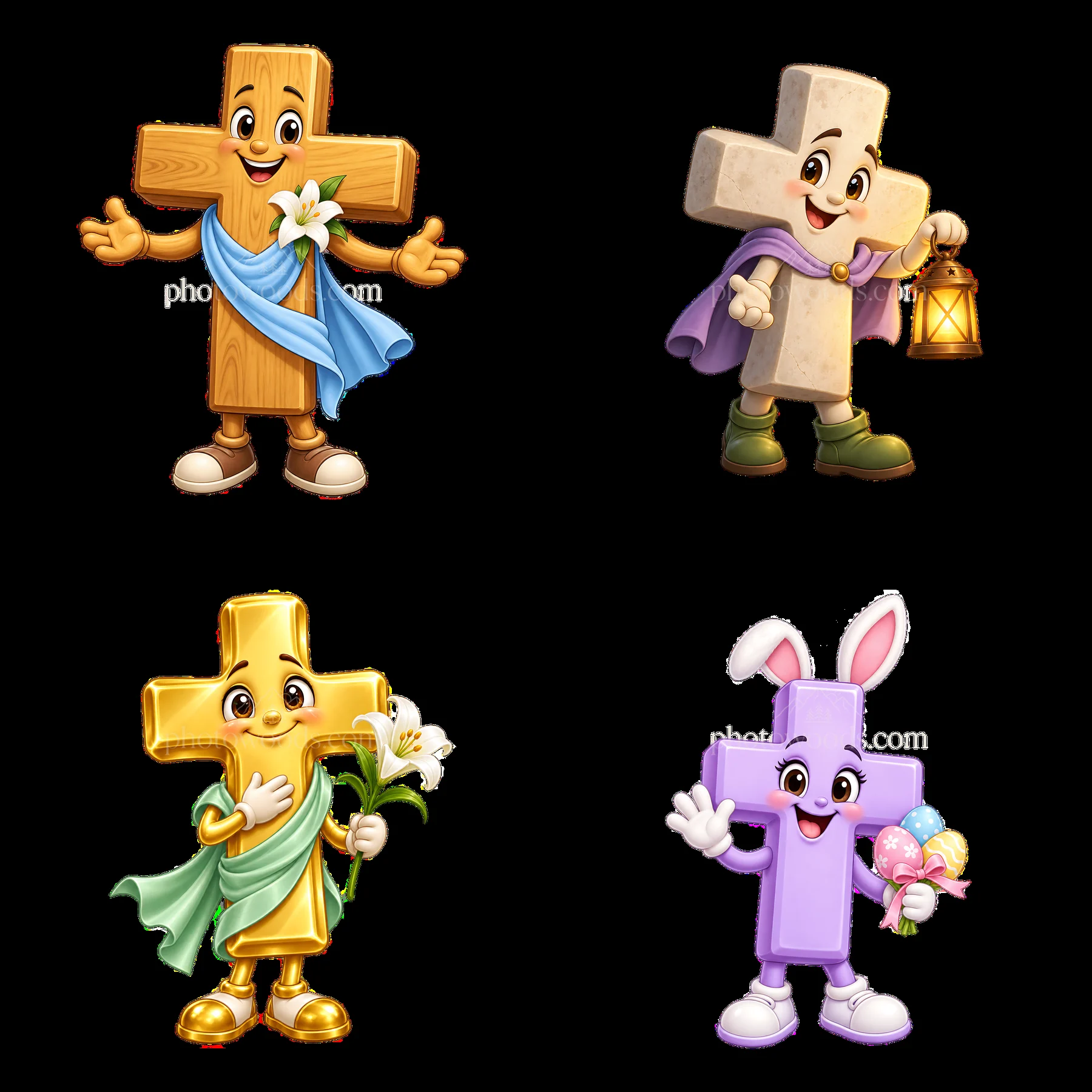 Easter cross characters celebrating with flowers and lanterns - AI-generated stock image