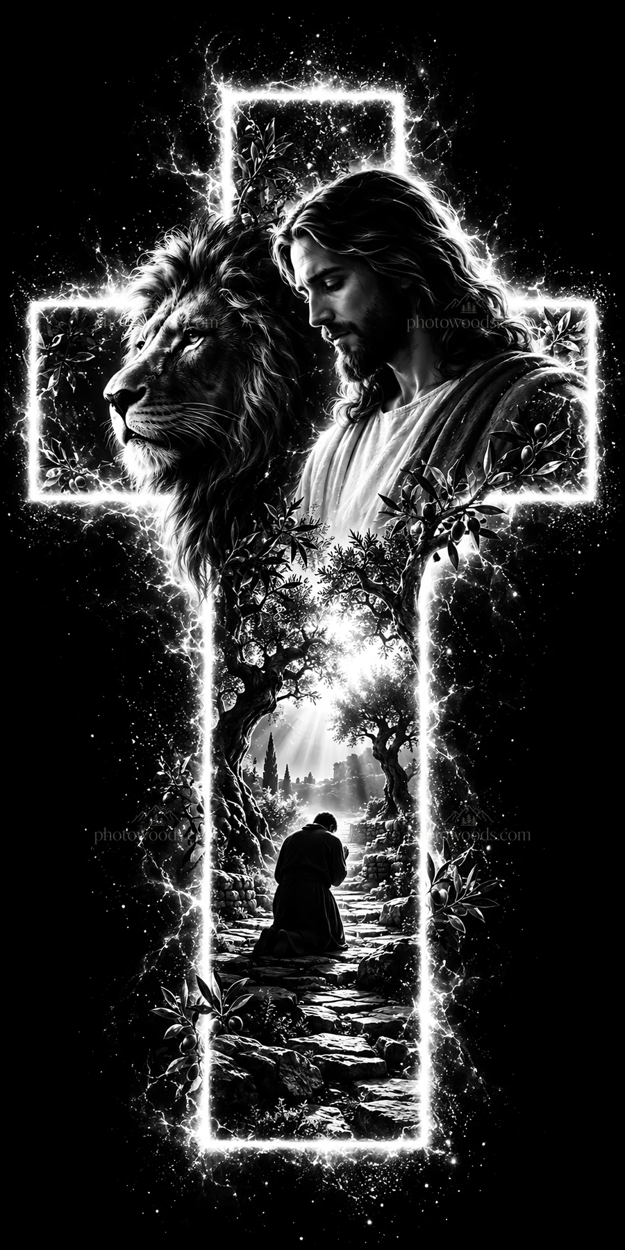Jesus Christ and the lion in a cross scene - AI-generated stock image
