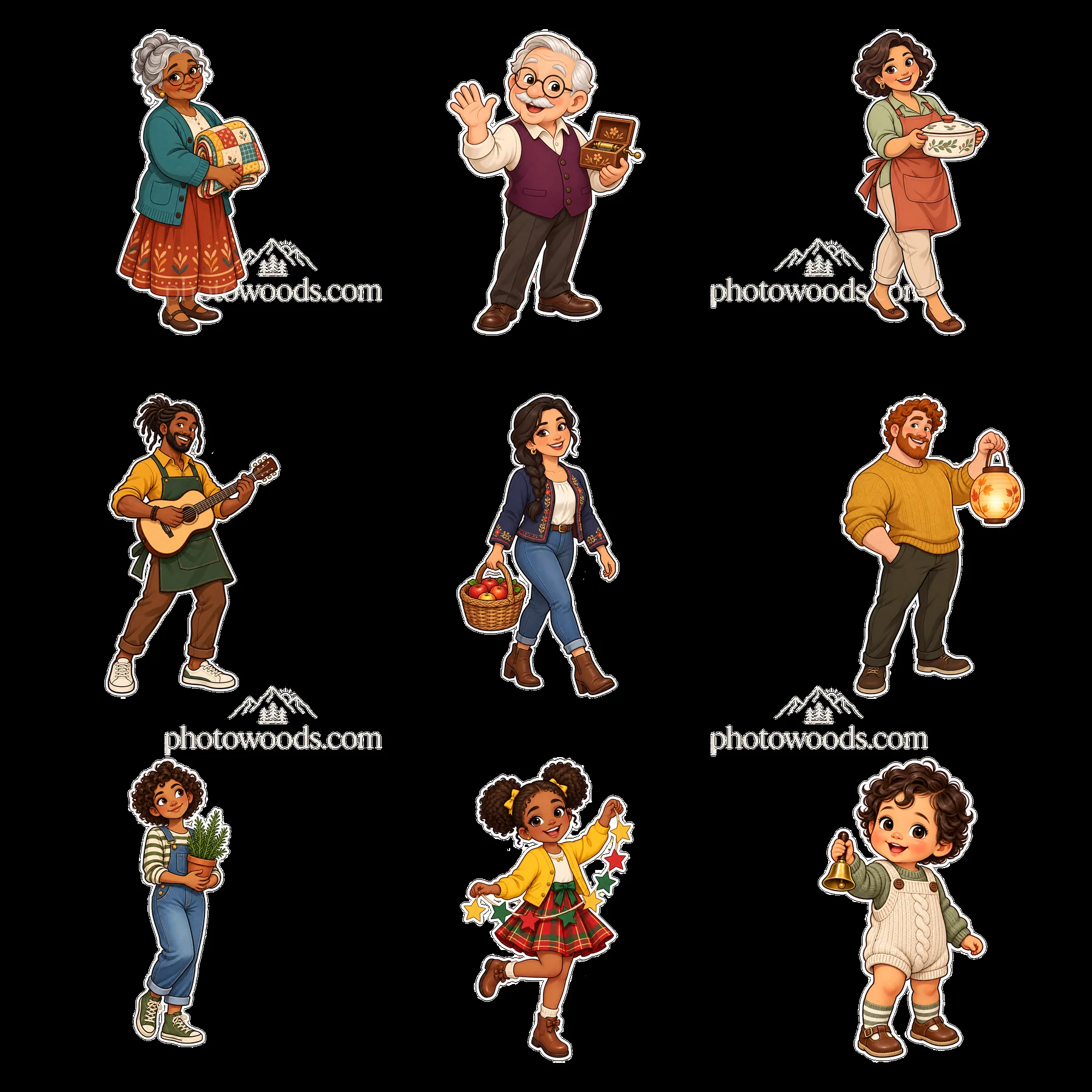 Family members engaging in various activities in a grid layout - AI-generated stock image