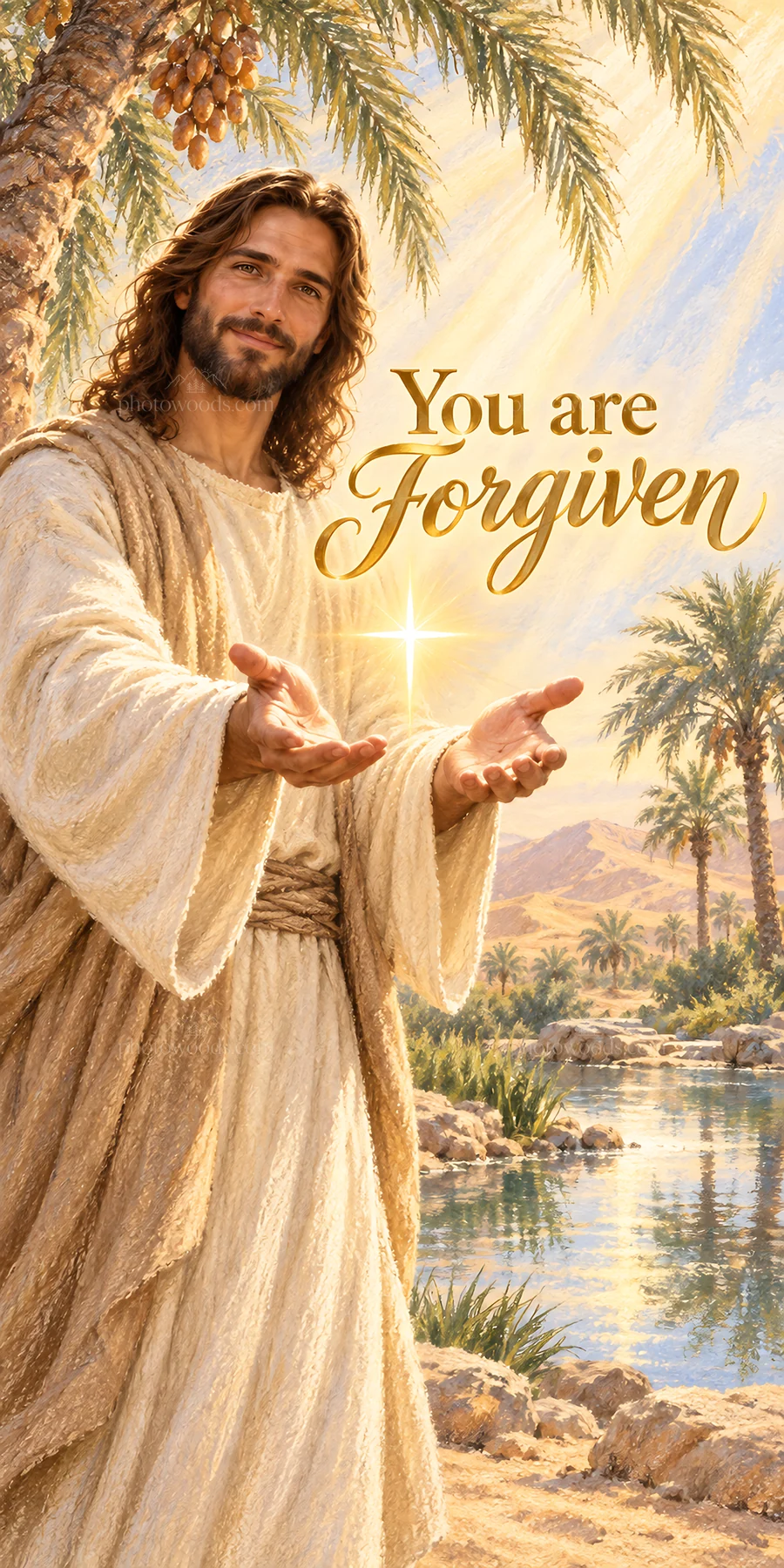 Jesus Christ offering forgiveness by a tranquil river - AI-generated stock image