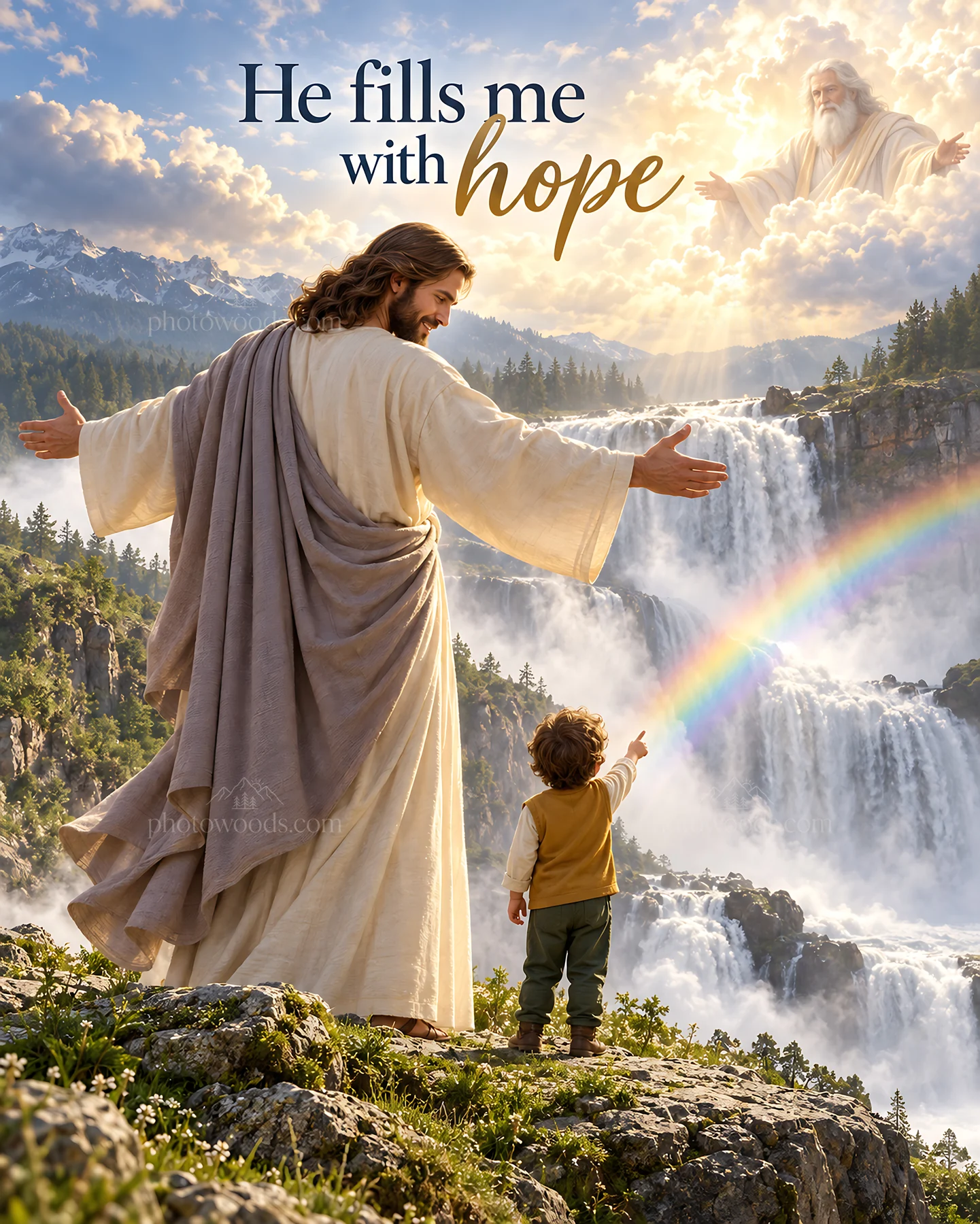Jesus Christ offers hope to a child by a waterfall - AI-generated stock image