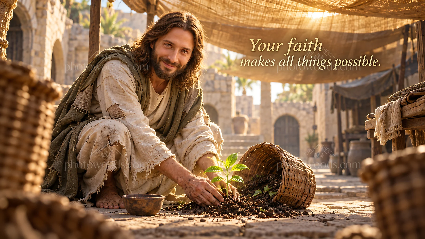 Jesus Christ planting seeds in a humble village setting - AI-generated stock image