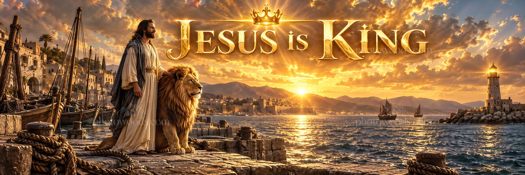 Jesus Christ observing a harbor with a lion - AI-generated stock image