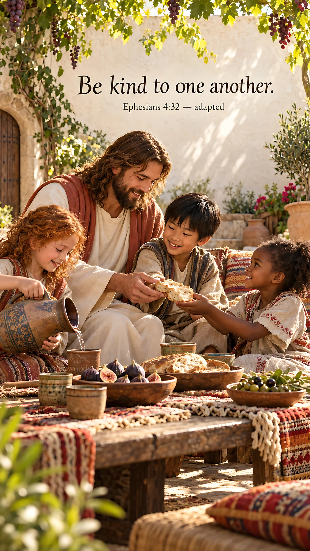 Jesus Christ sharing a meal with children - AI-generated stock image