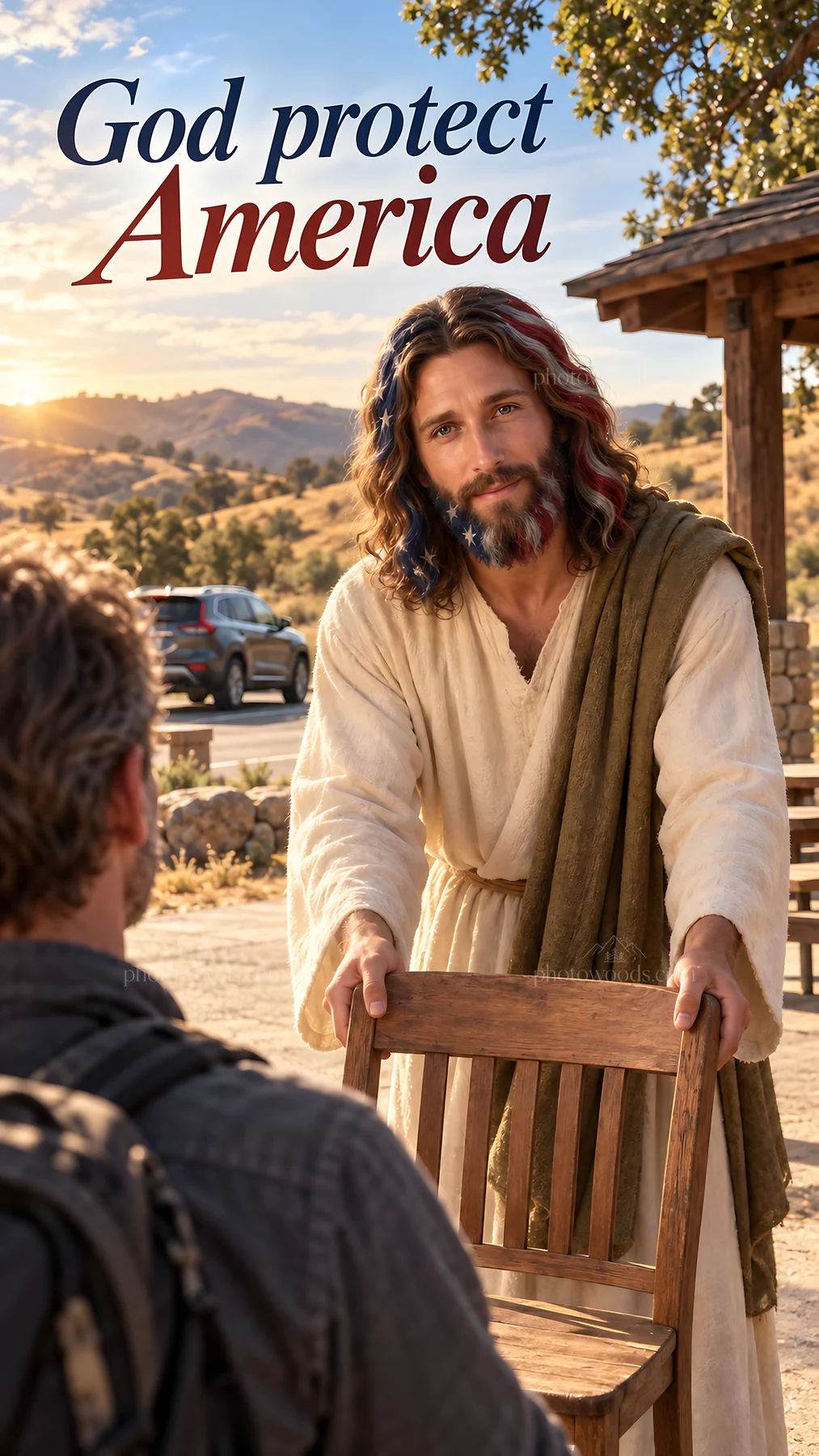 Jesus Christ offers a chair to a man in a natural setting - AI-generated stock image