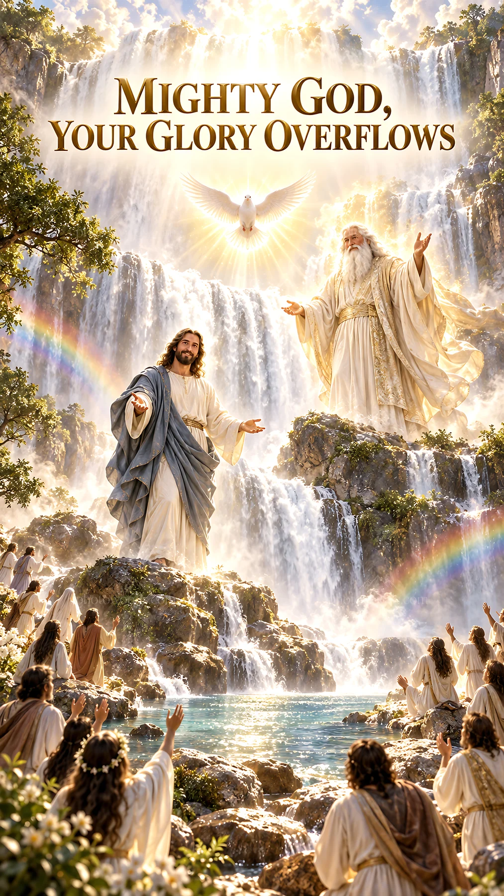 Jesus Christ welcoming followers in a heavenly scene - AI-generated stock image