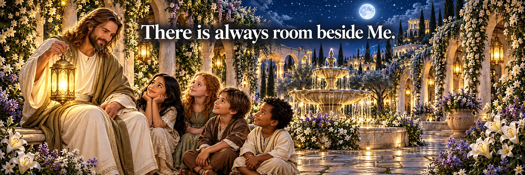 Jesus Christ welcoming children in a garden setting - AI-generated stock image