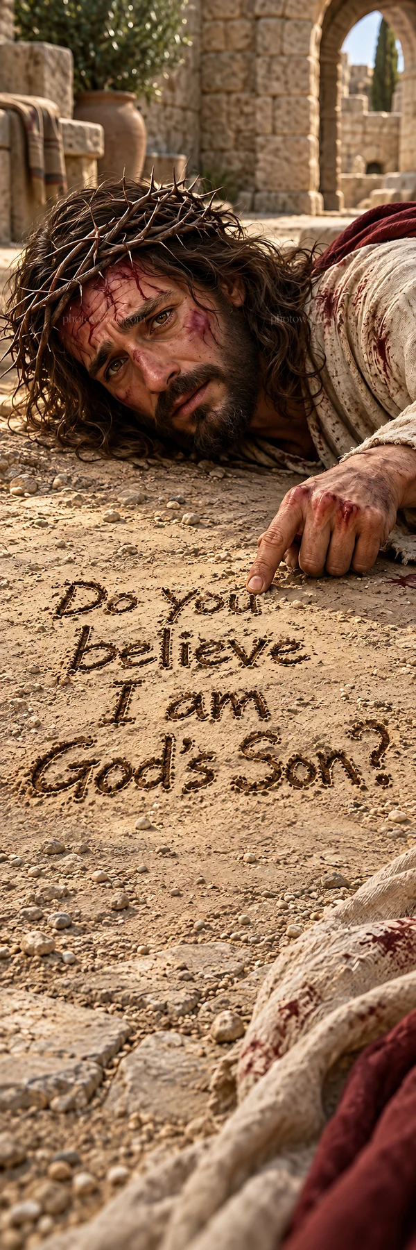 Jesus Christ writing in the sand asking about God's Son - AI-generated stock image