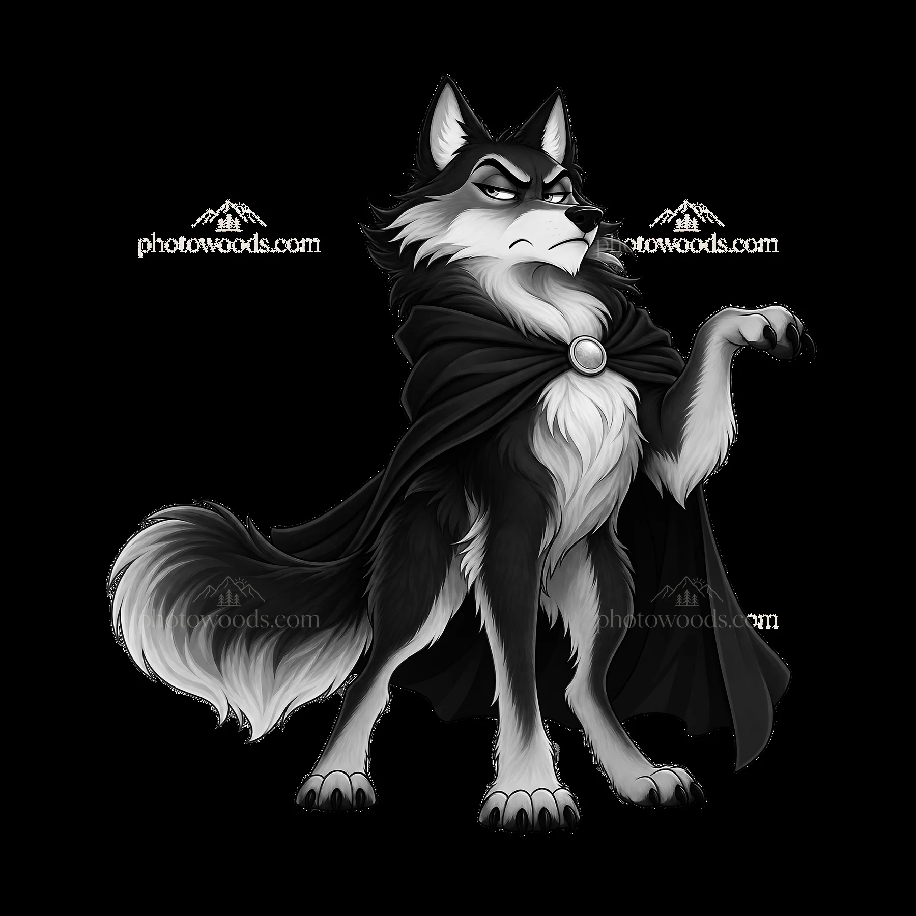Grumpy wolf in a dark cape with a displeased expression - AI-generated stock image