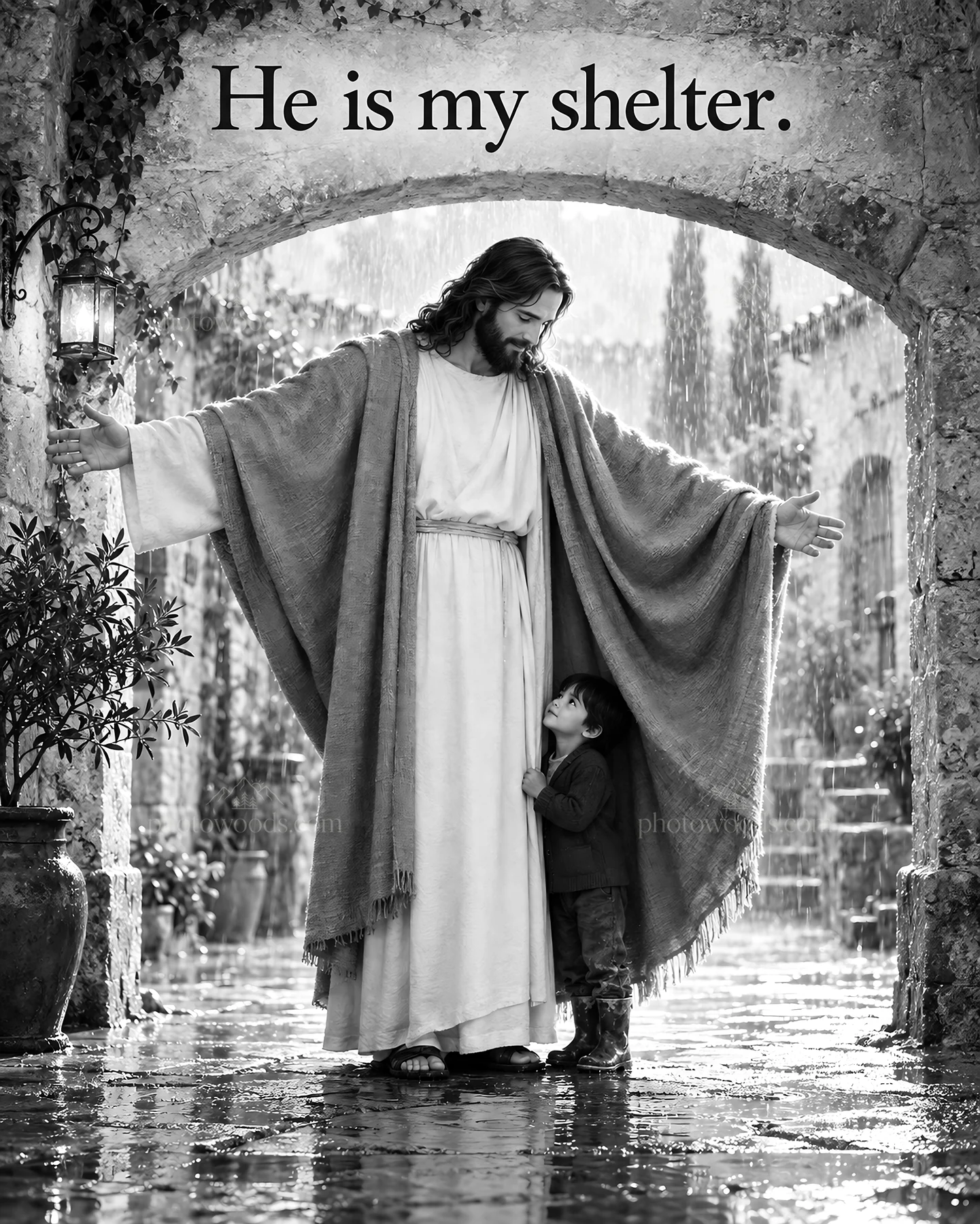 Jesus Christ providing comfort in the rain - AI-generated stock image