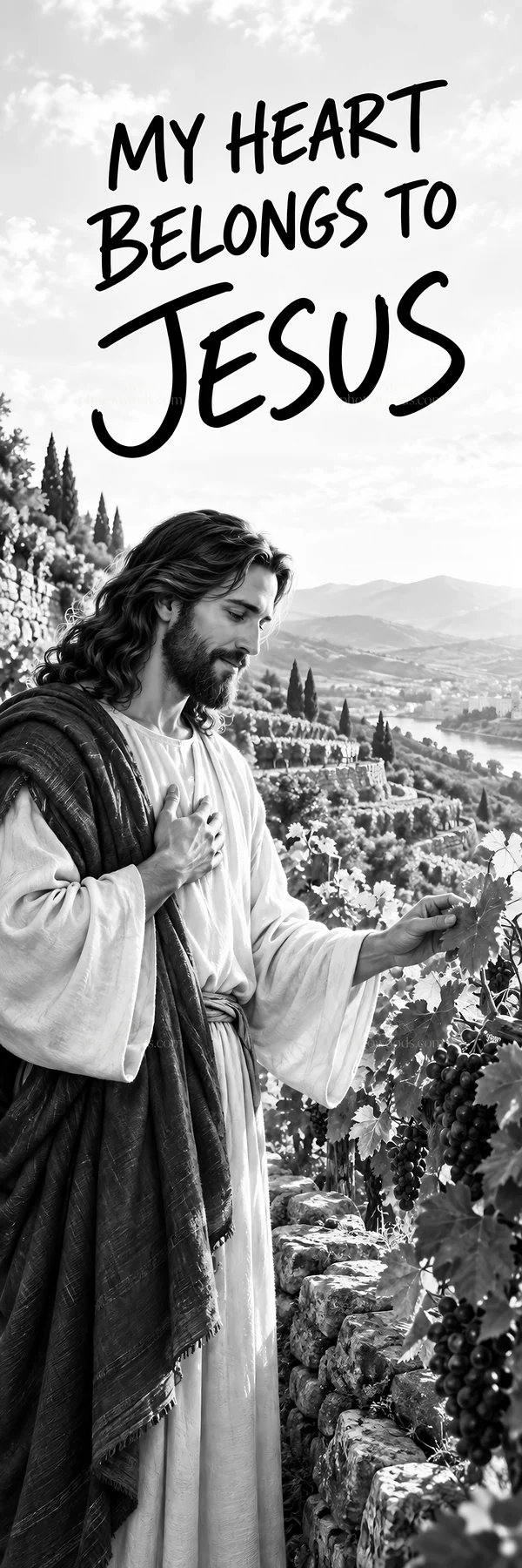 Jesus Christ tending to grapevines in a scenic landscape - AI-generated stock image
