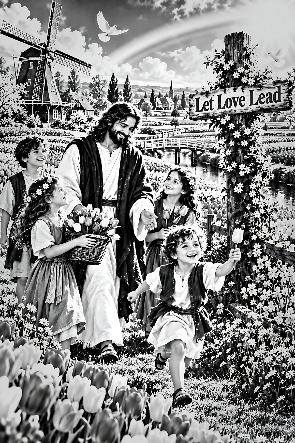 Joy at the tulip windmill - AI-generated stock image