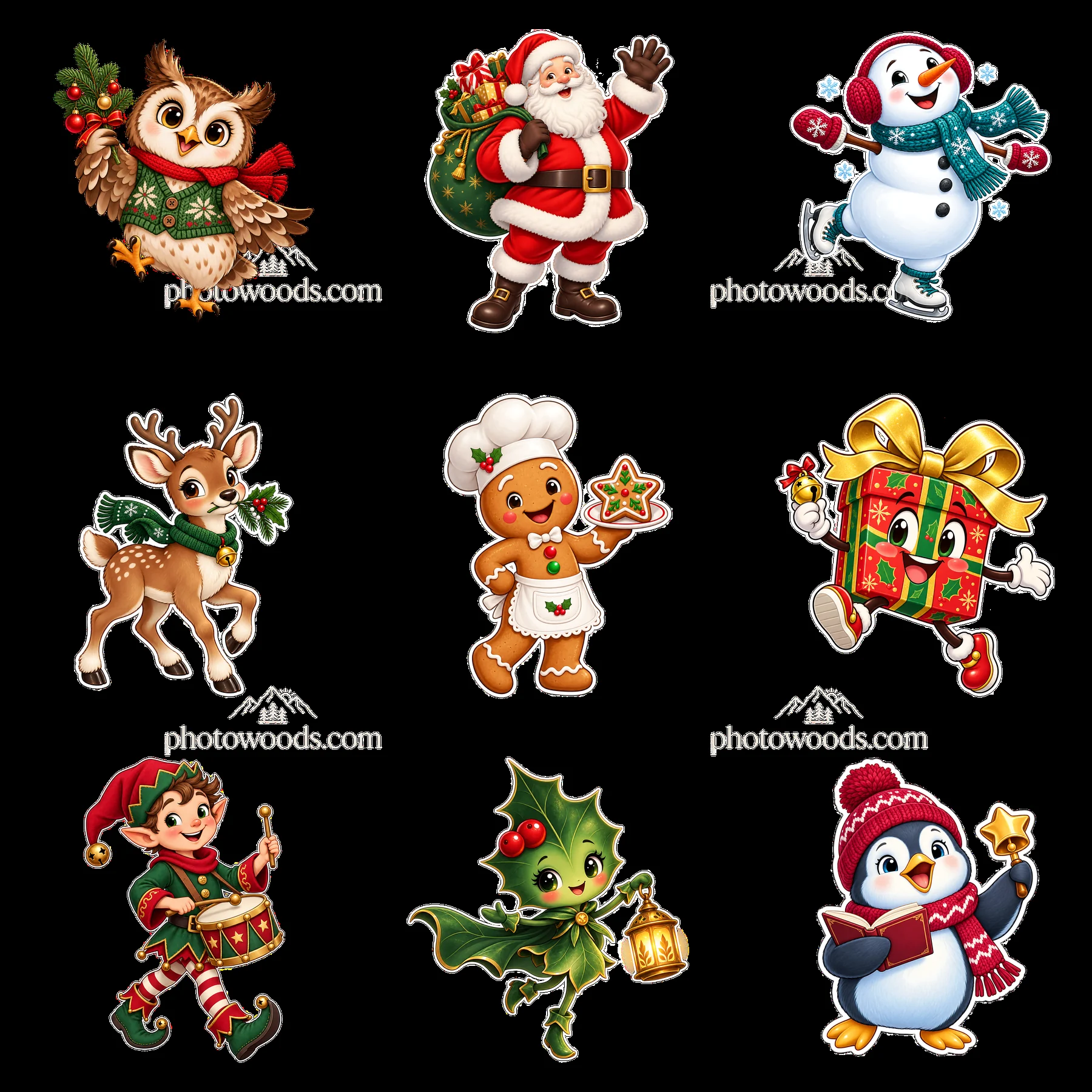 Nine cartoon figure stickers in a square arrangement - AI-generated stock image