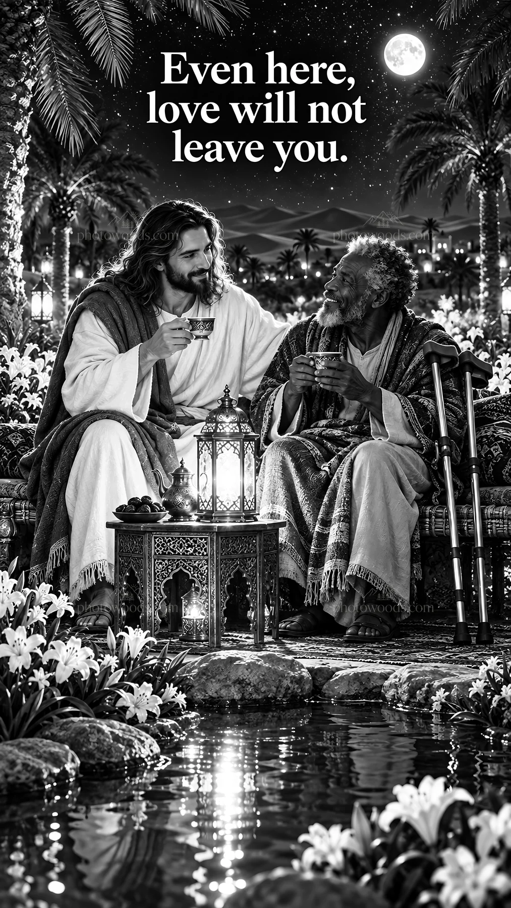 Jesus Christ sharing a meal with a suffering man - AI-generated stock image