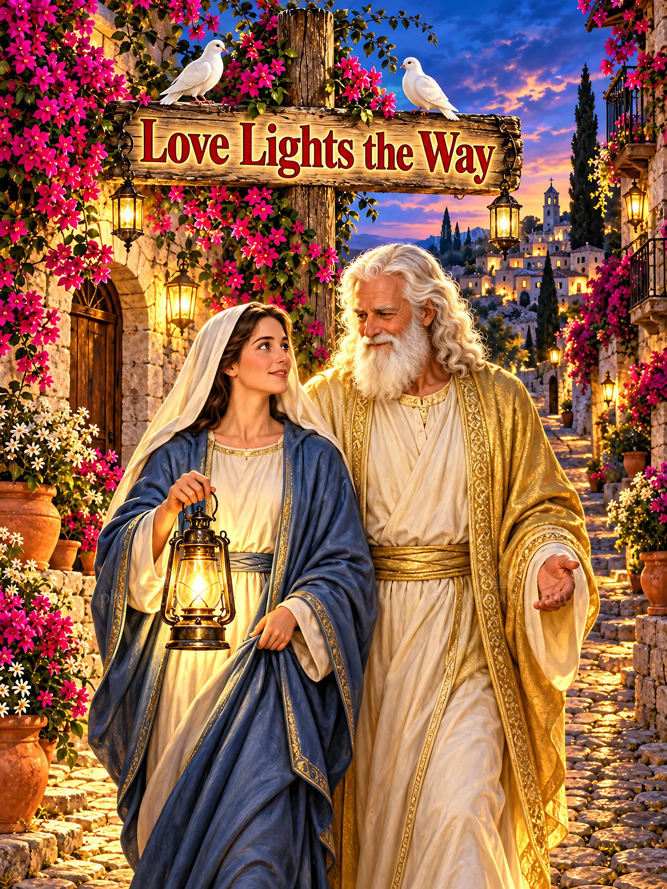 Jesus Christ walking with a woman holding a lantern - AI-generated stock image