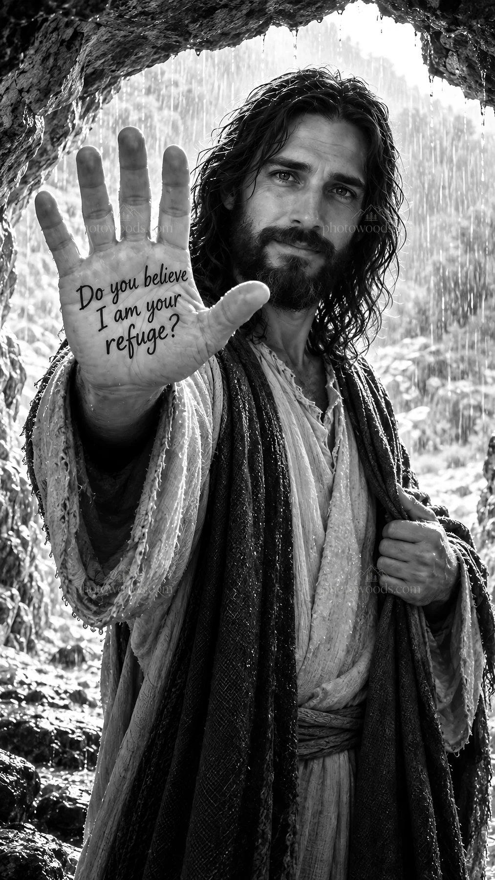 Jesus Christ extending His hand with a message of refuge - AI-generated stock image