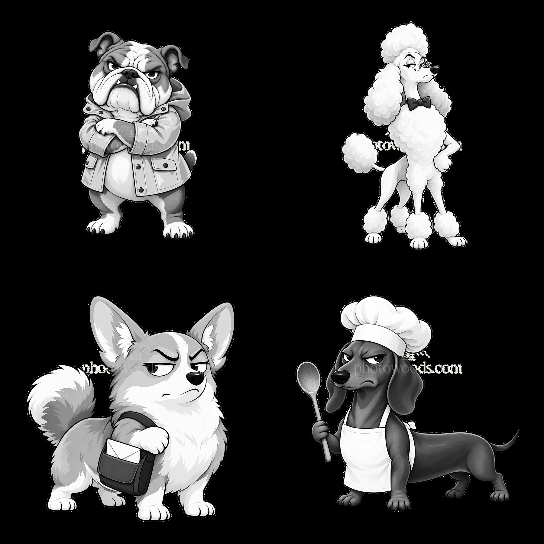 Grumpy dog characters in a monochrome cartoon sticker layout - AI-generated stock image