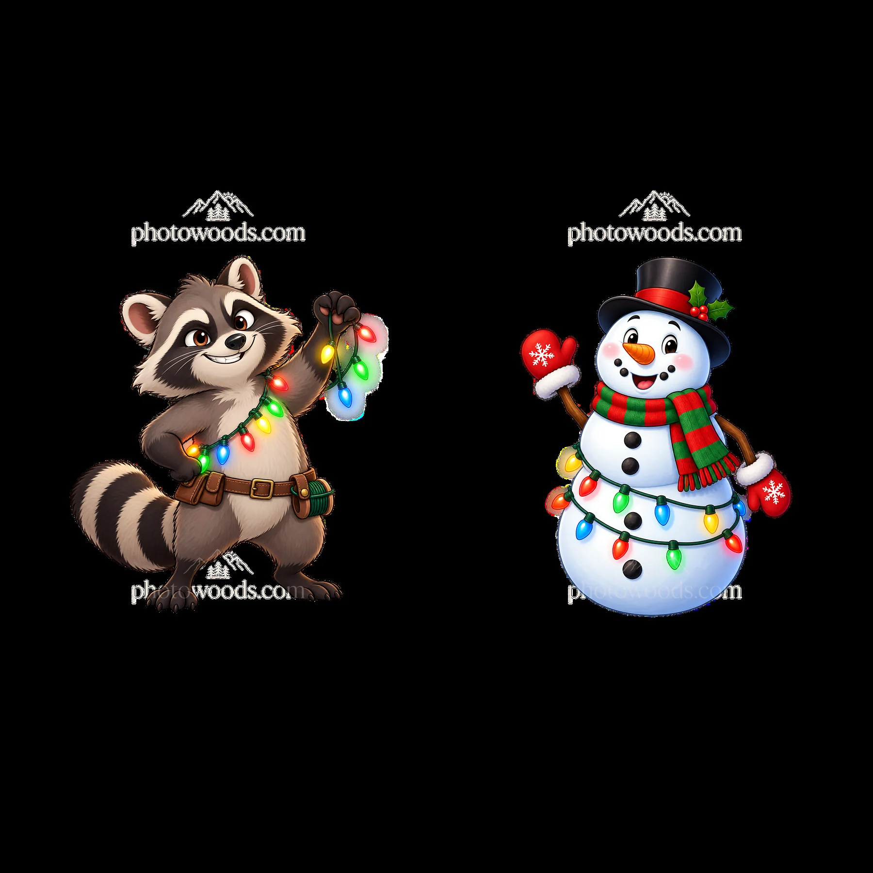 Raccoon and snowman holding string lights for holiday decoration - AI-generated stock image