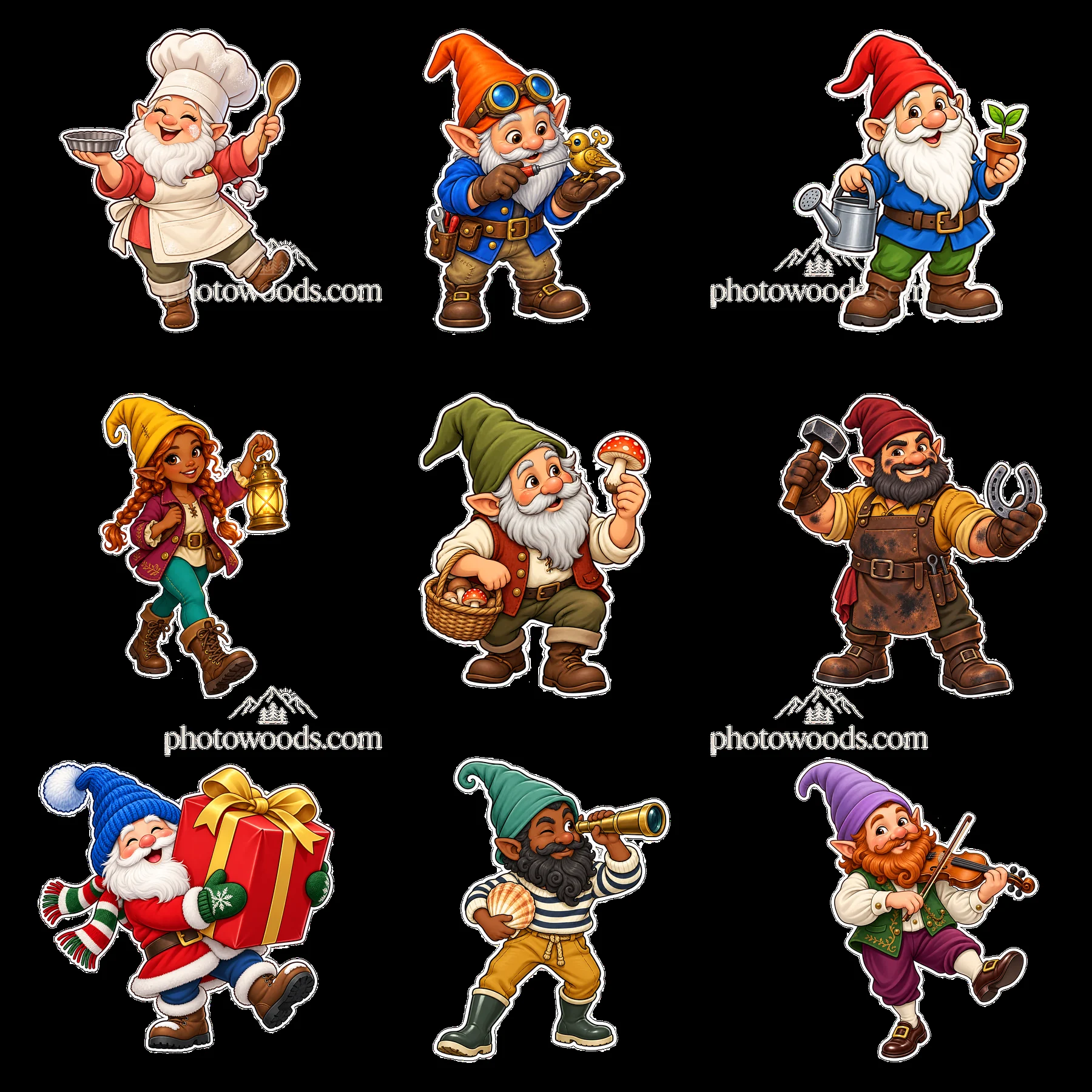 Gnome characters engaging in various activities in a 3x3 layout - AI-generated stock image