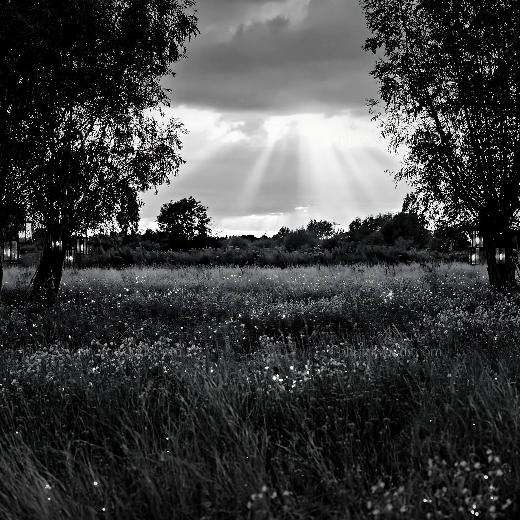 Meadow lit by Christmas lights and sunbeams - AI-generated stock image