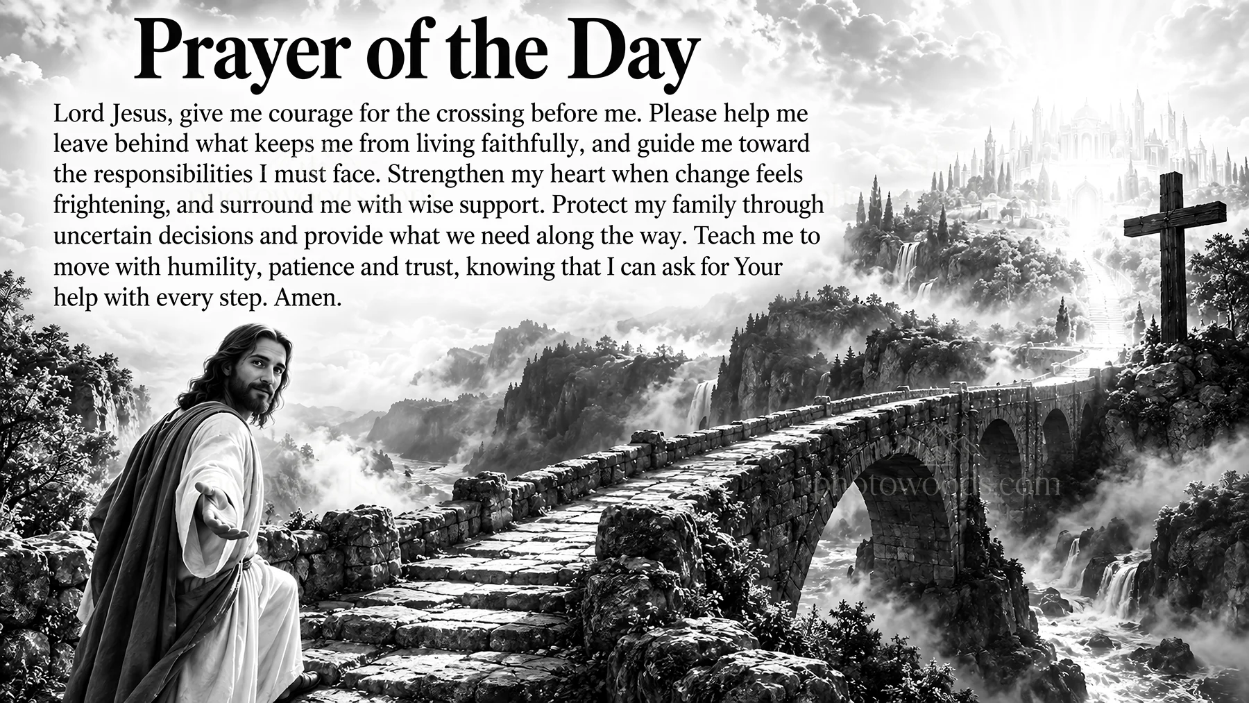 Jesus Christ guiding a prayer for strength and courage - AI-generated stock image