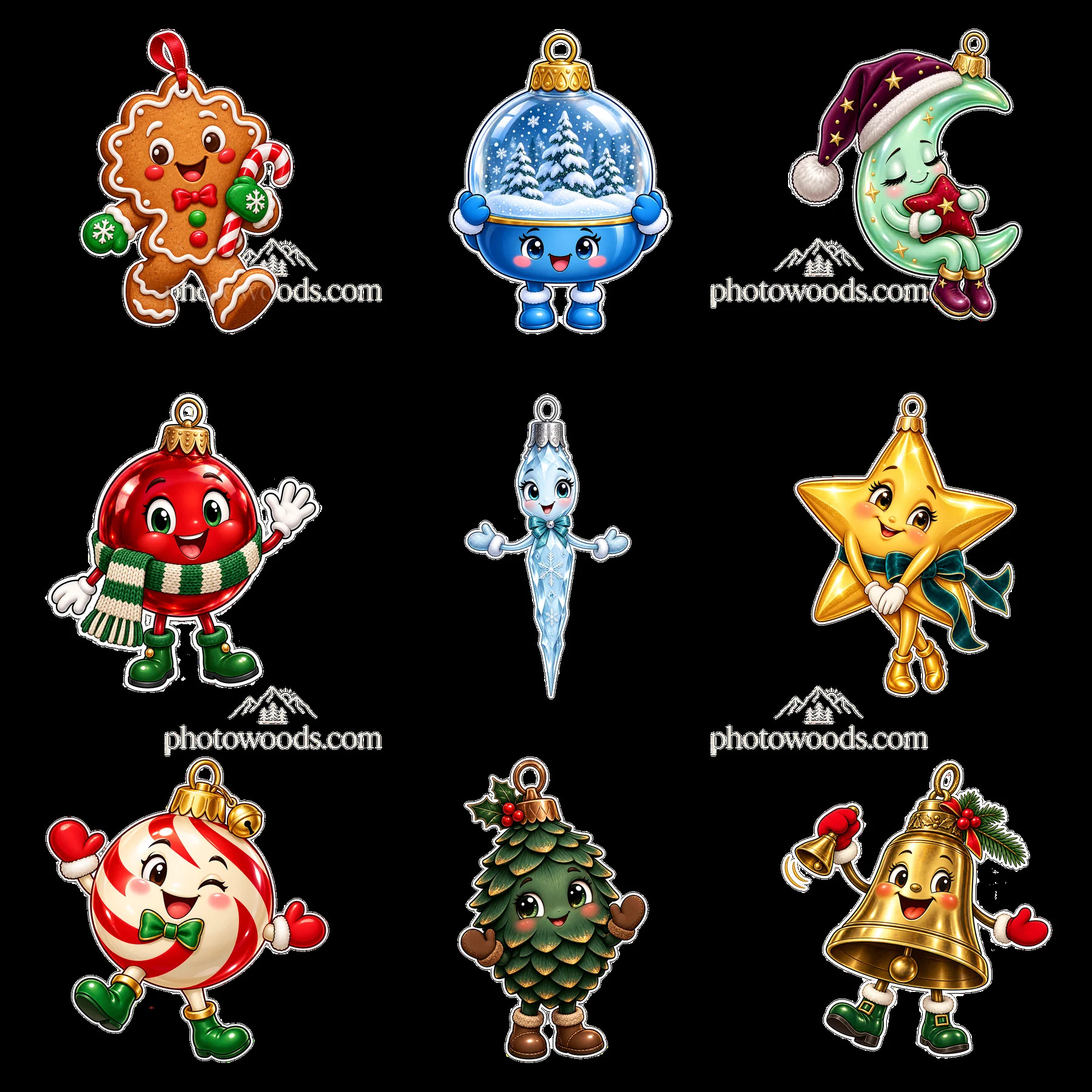 Colorful cartoon Christmas ornaments in a 3x3 layout - AI-generated stock image