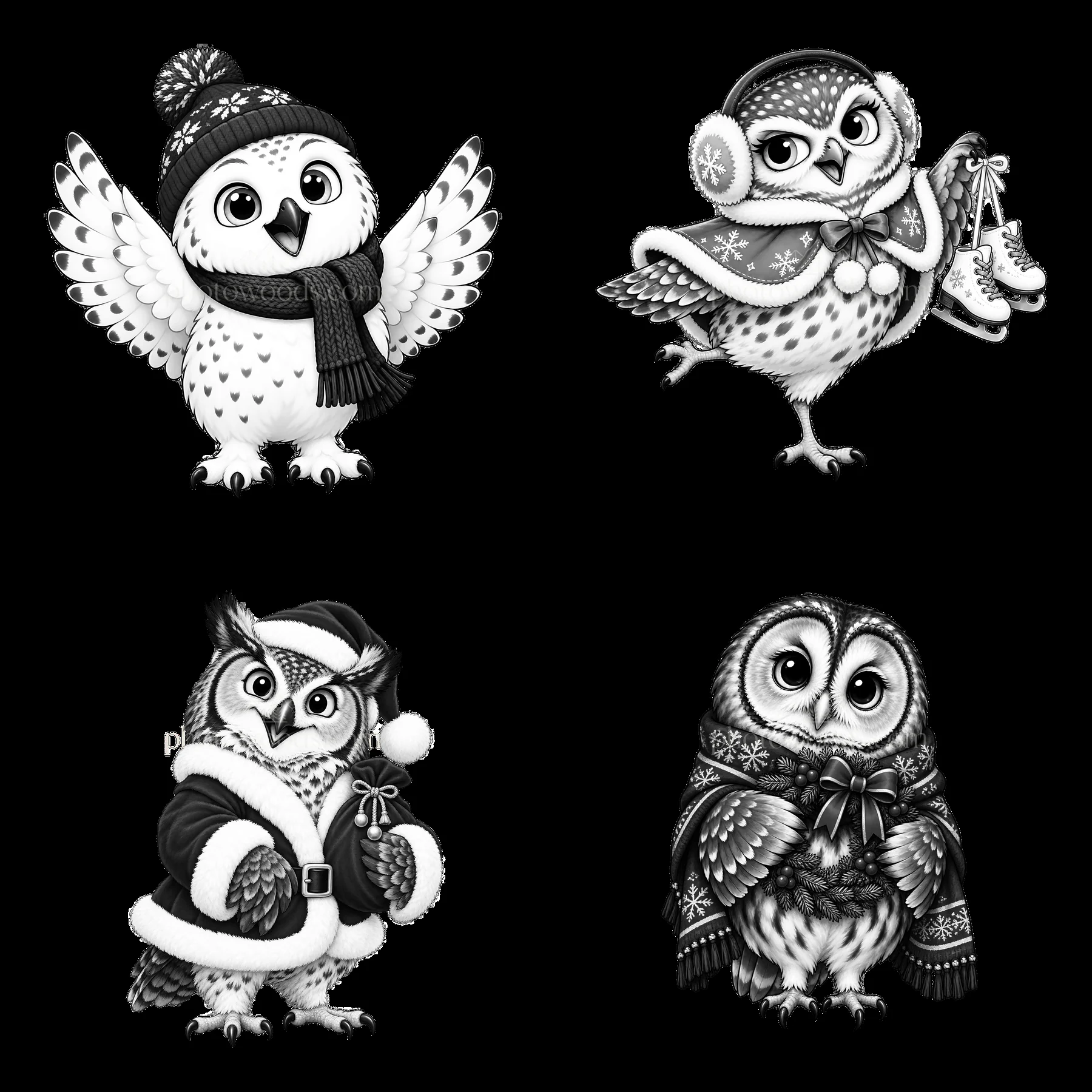 Cute Christmas owls in winter outfits and accessories - AI-generated stock image