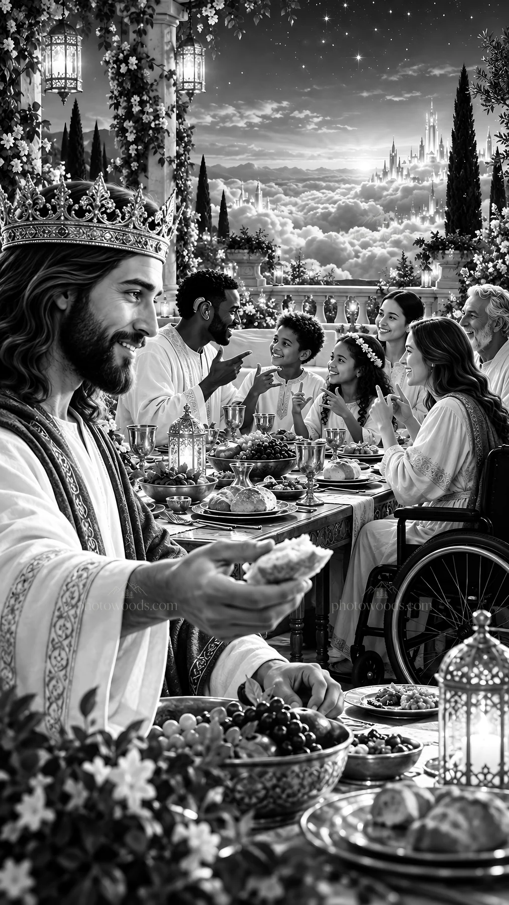 Jesus Christ sharing a meal with friends at a gathering - AI-generated stock image