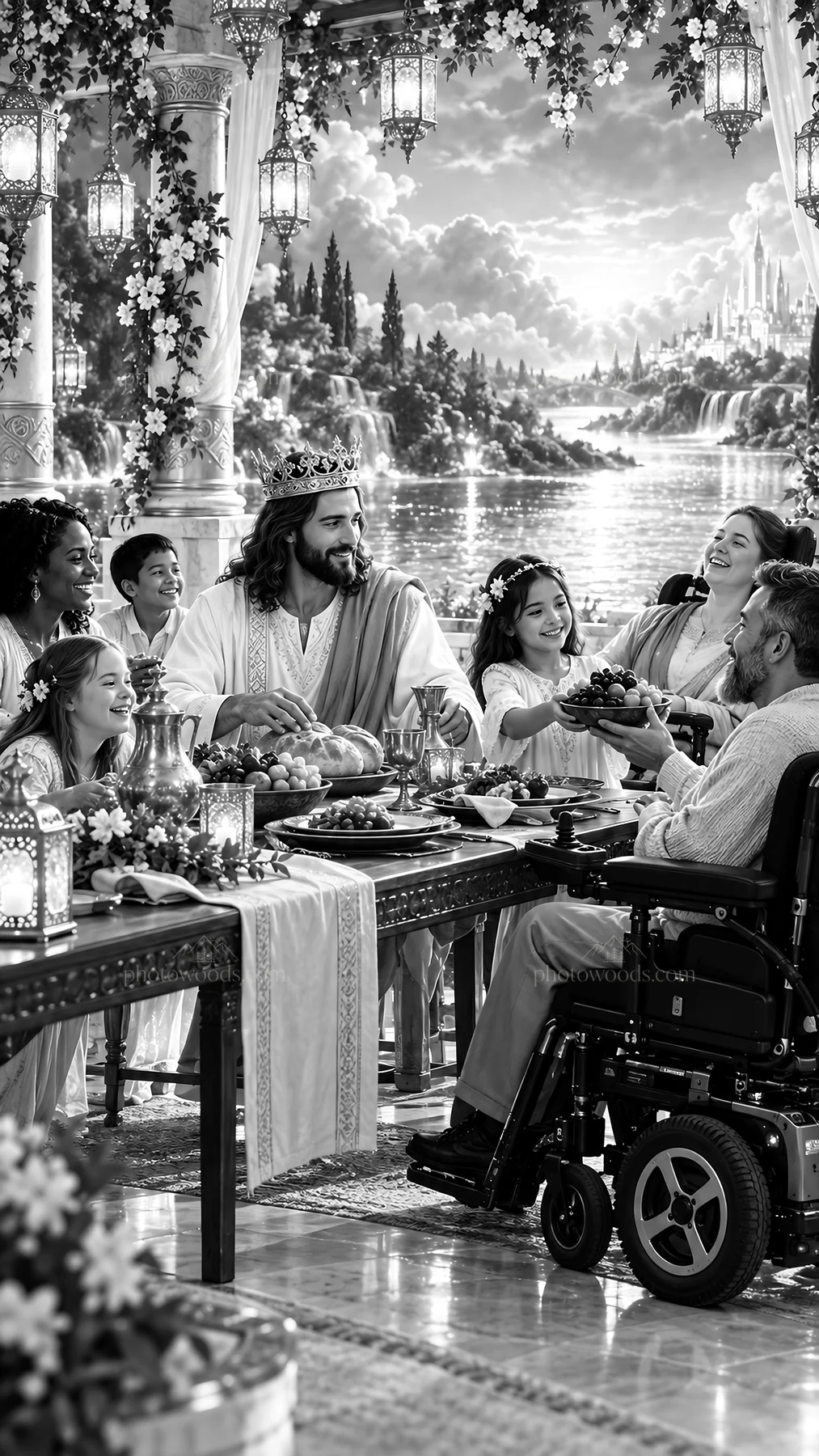 Jesus Christ sharing a meal with friends at a banquet - AI-generated stock image