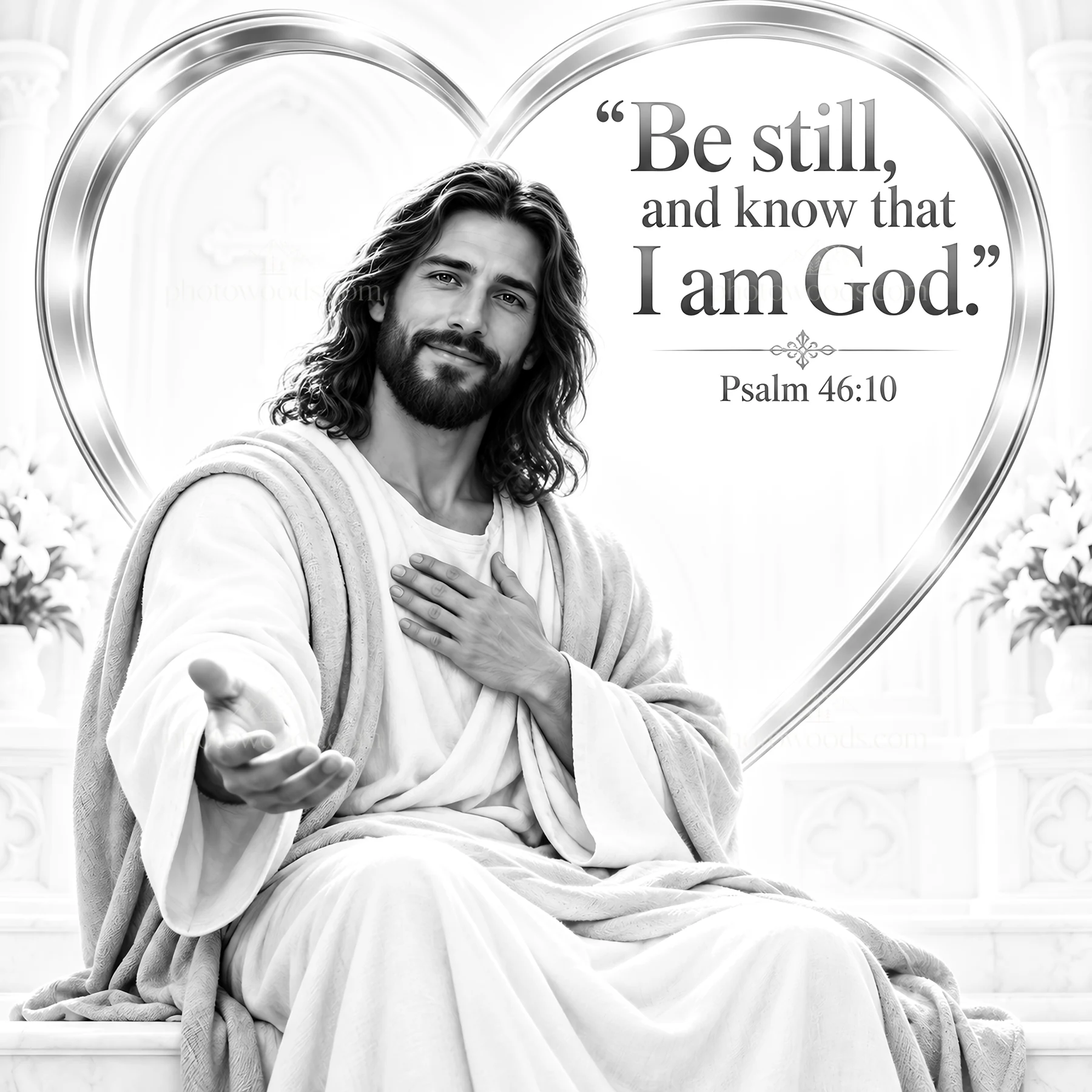 Jesus Christ invites with open hands in a comforting scene - AI-generated stock image