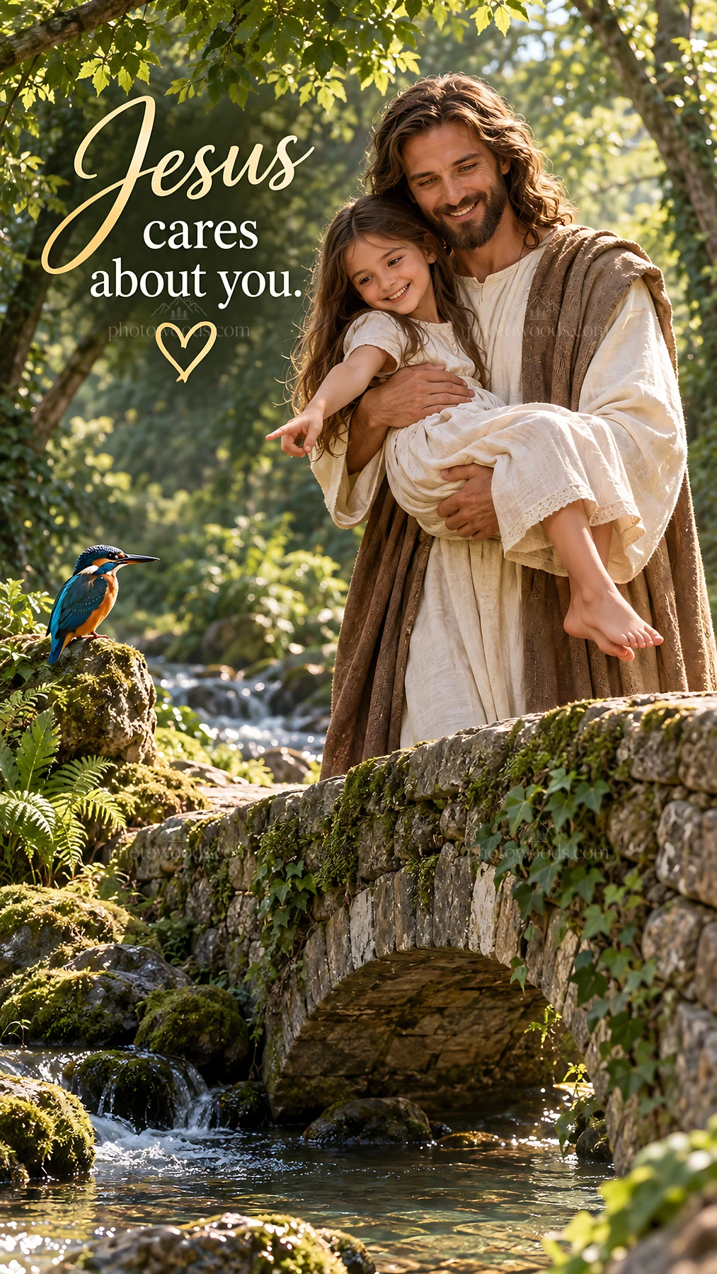 Jesus Christ welcomes a child by a stream - AI-generated stock image