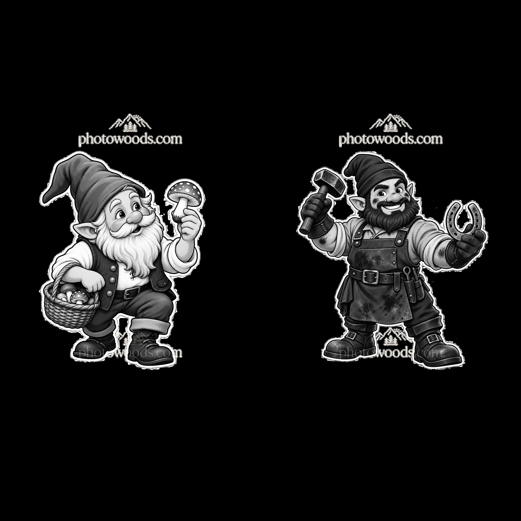 Two gnomes with basket and tools in black and white illustration - AI-generated stock image