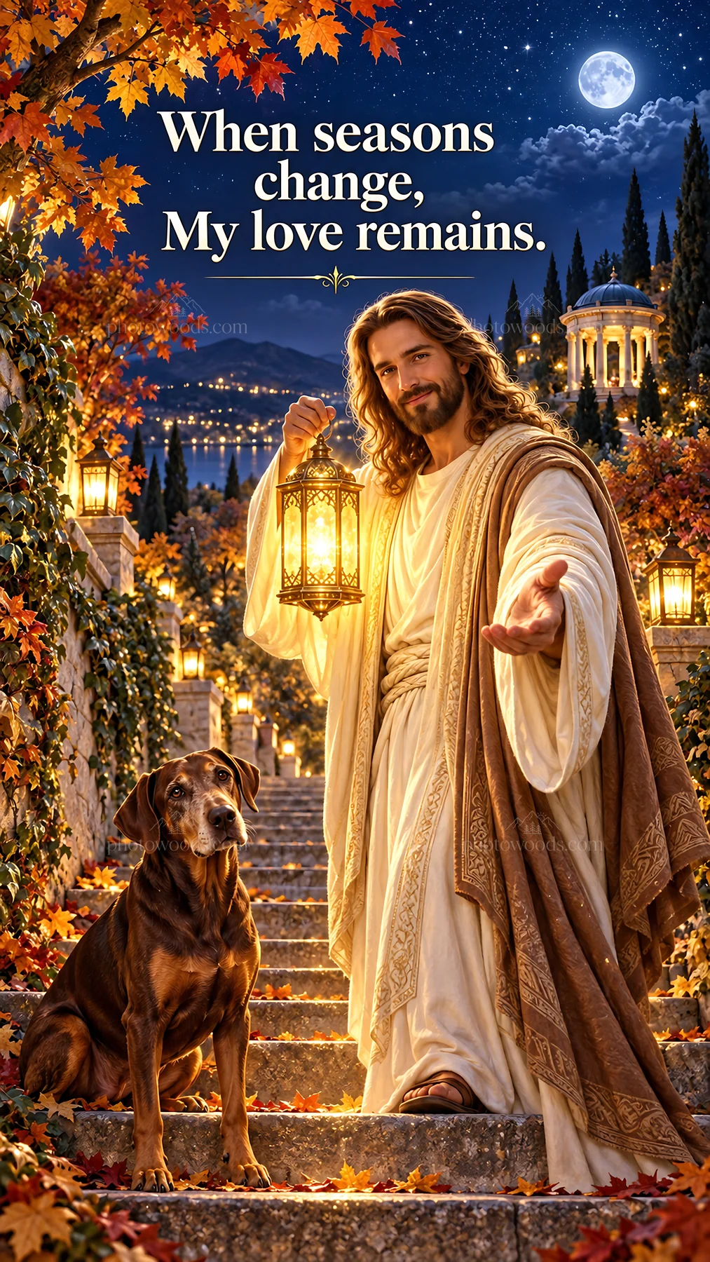 Jesus Christ holding a lantern with a dog in an autumn setting - AI-generated stock image