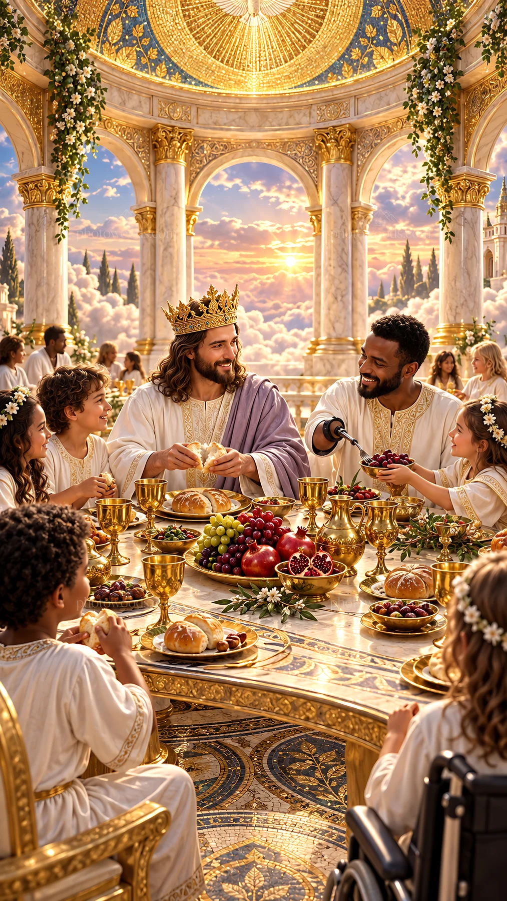 Jesus Christ sharing a meal with children in a grand setting - AI-generated stock image