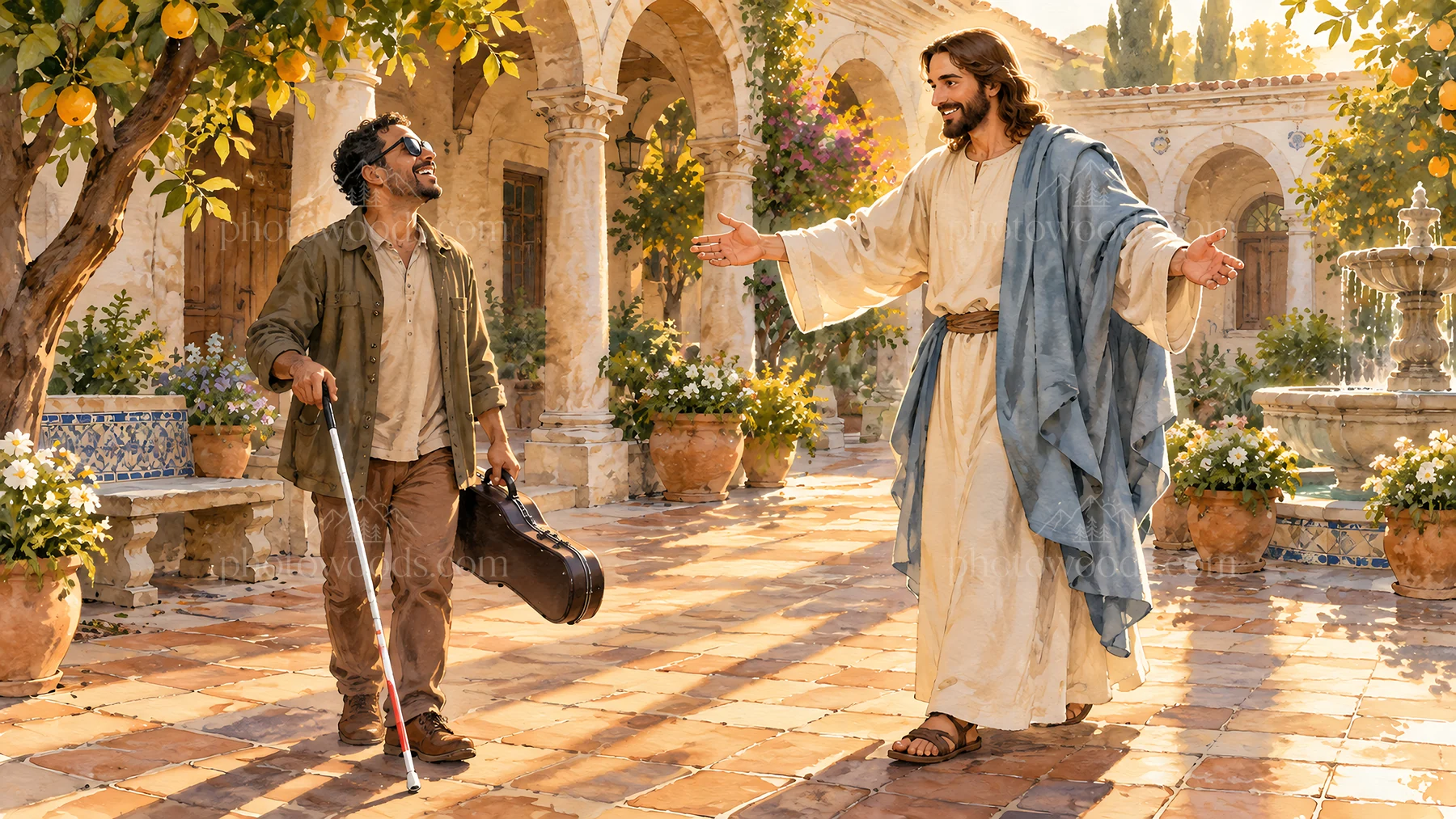 Jesus Christ welcomes a traveler in a garden setting - AI-generated stock image