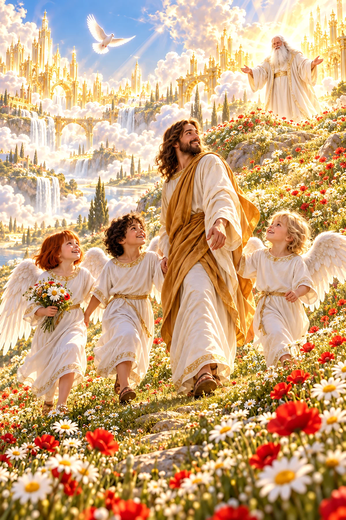 Jesus Christ walking with children in a heavenly landscape - AI-generated stock image