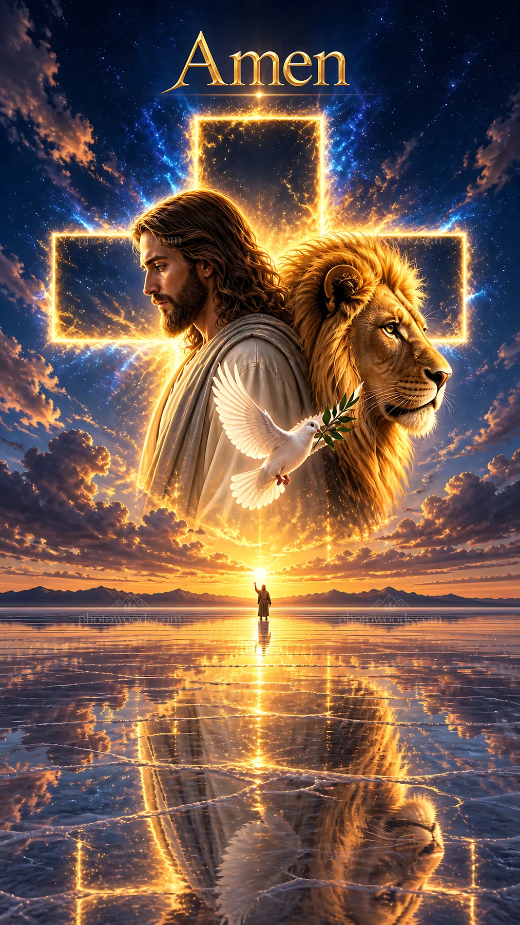 Jesus Christ with a lion and dove in a symbolic scene - AI-generated stock image