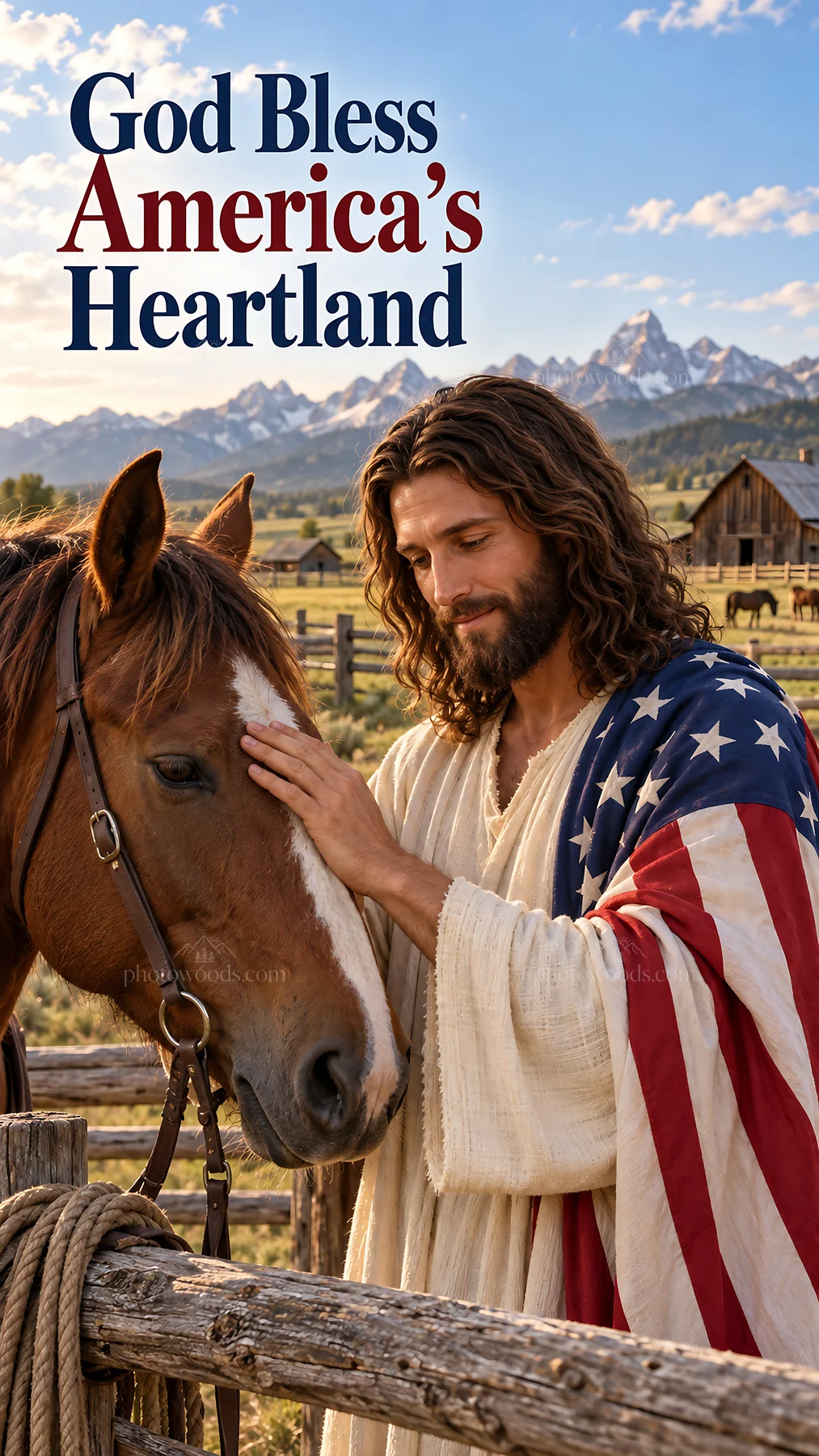 Jesus Christ comforting a horse in a peaceful landscape - AI-generated stock image