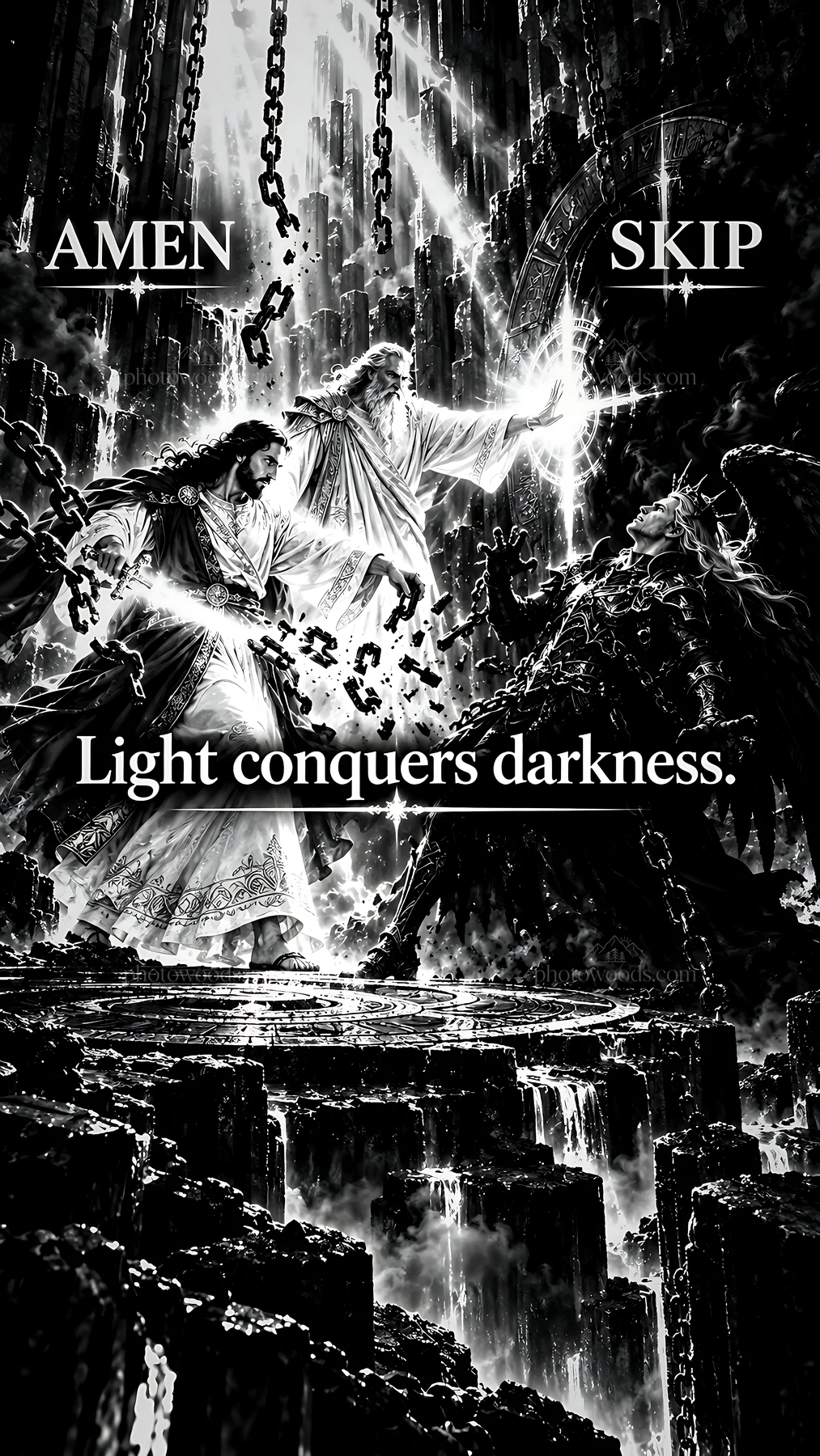 Jesus Christ conquers darkness in a powerful scene - AI-generated stock image