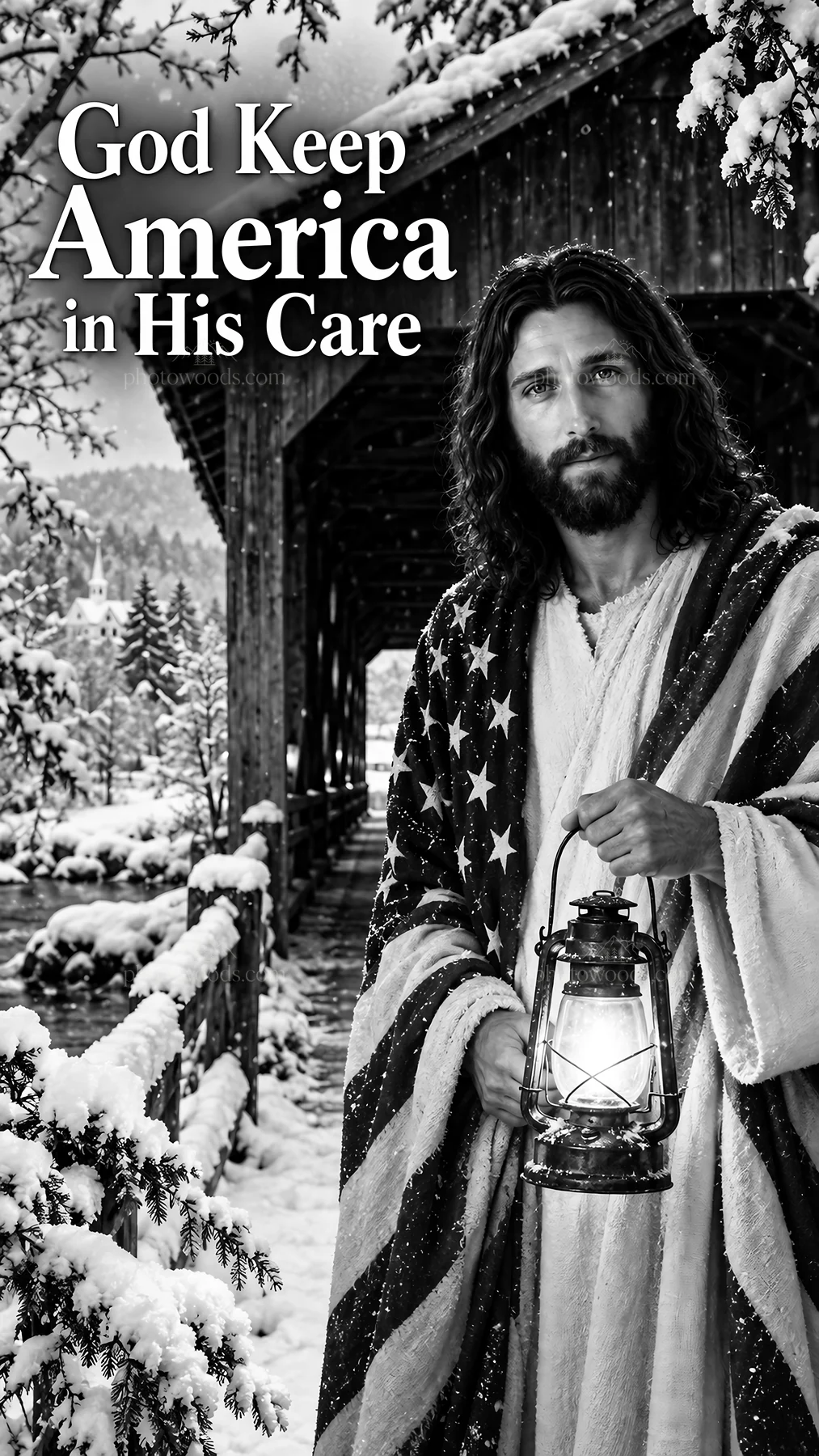 Jesus Christ holding a lantern under a snow-covered bridge - AI-generated stock image