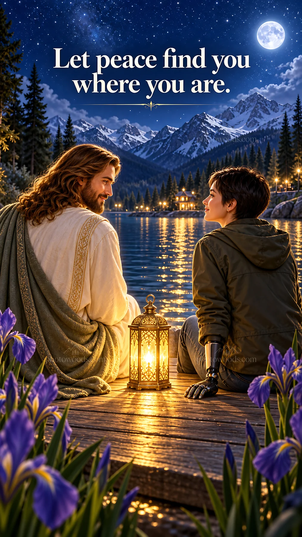 Jesus Christ sharing a moment by the lakeside with a visitor - AI-generated stock image