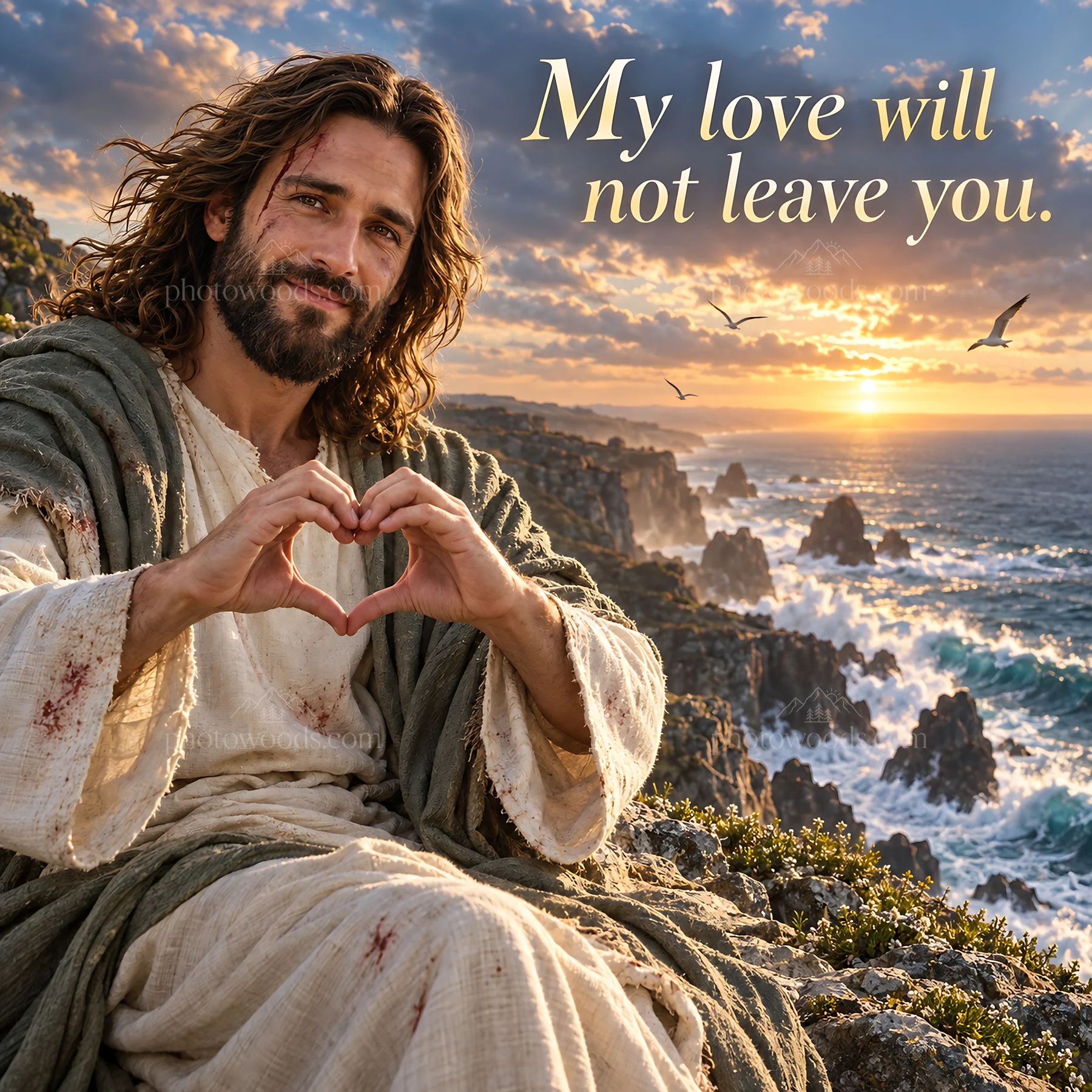 Jesus Christ sharing love with an open heart on the shore - AI-generated stock image