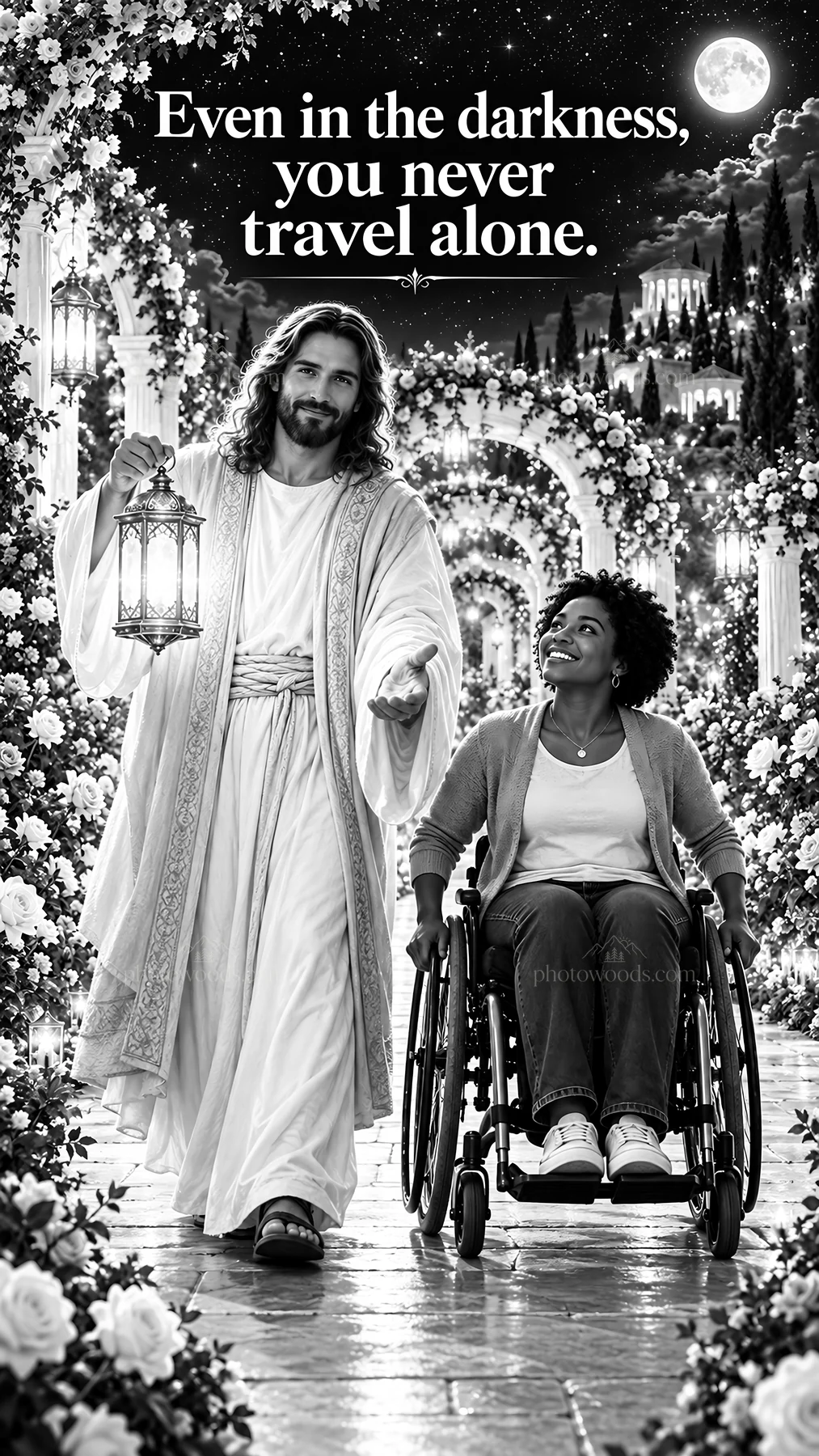 Jesus Christ guides a woman in a wheelchair with a lantern - AI-generated stock image